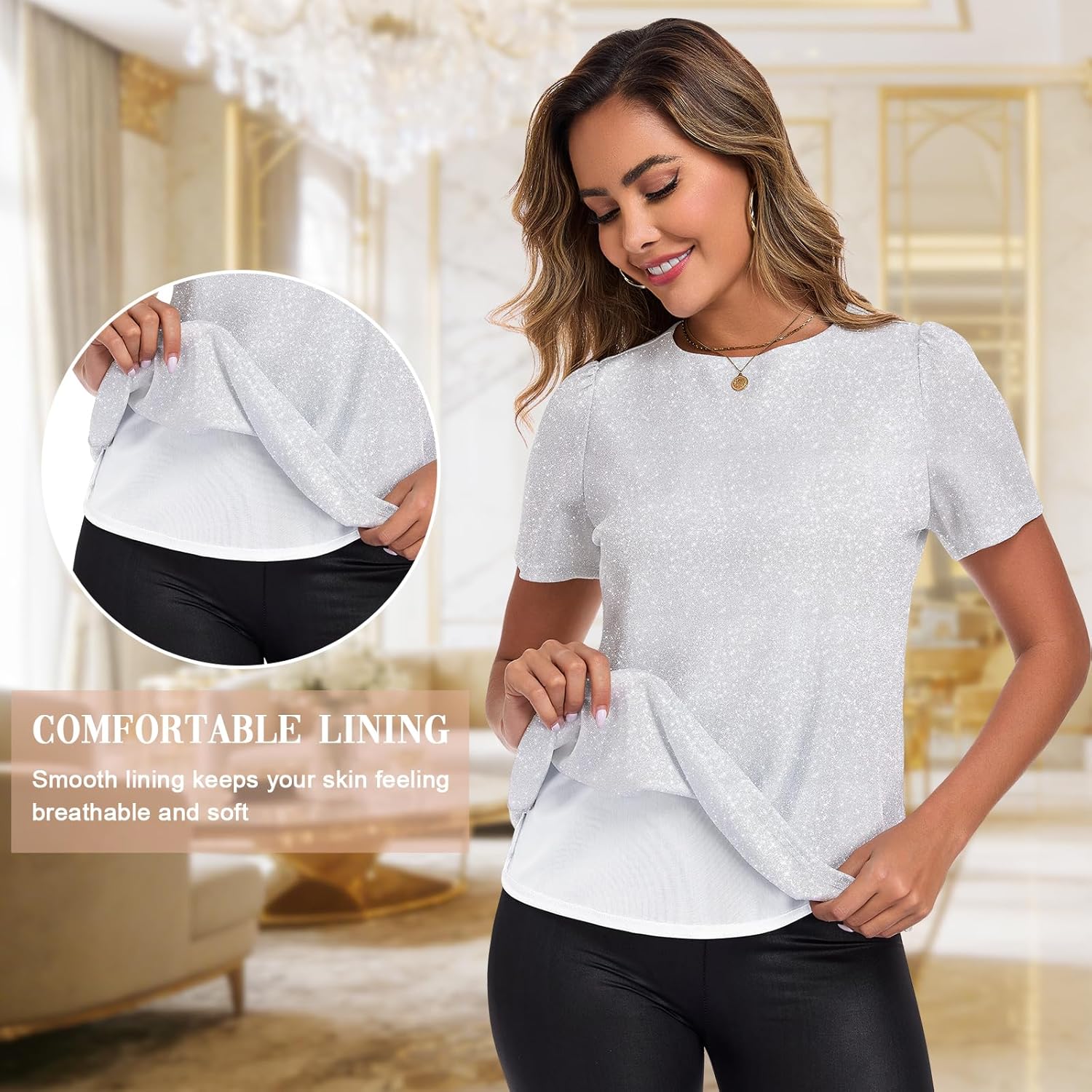 WOWENY Women's Short Sleeve Sparkly Metallic Shirt Glitter Double Layer Blouse Shiny Crewneck Cocktail Top for Evening Party - Image 4