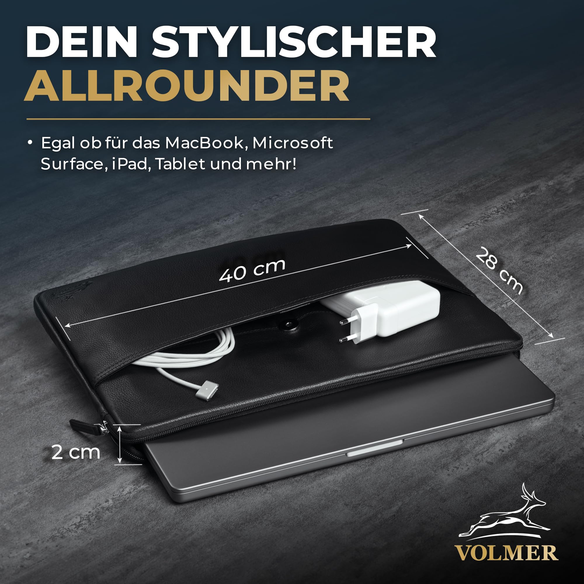 Fa.Volmer Funda para portátil de 15,6 pulgadas, piel de búfalo, color marrón, con cremallera de metal, acolchada, para MacBook, Microsoft Surface, iPad, Tablet - Dimensiones interiores: 37 x 26 x 3 cm