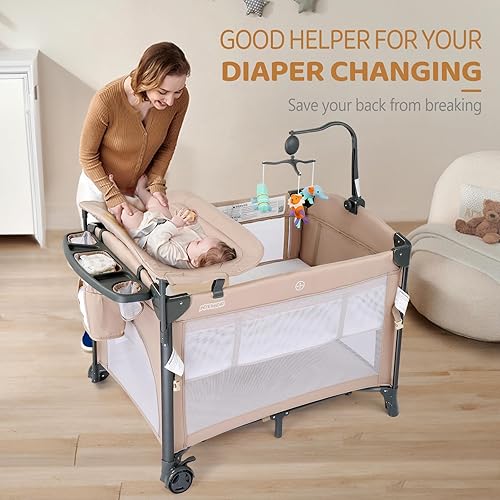 Miniatura 3 de JOYMOR Moisés de bebé 4 en 1 con mesa de pañales desmontable, paquete portátil y juego con colchón y sábana, juguete, ruedas y freno, bolsa de