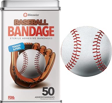 BioSwiss Bandages, Baseball Shaped Self Adhesive Bandage Set, Latex Free, Sterile Wound Care, 50 Count