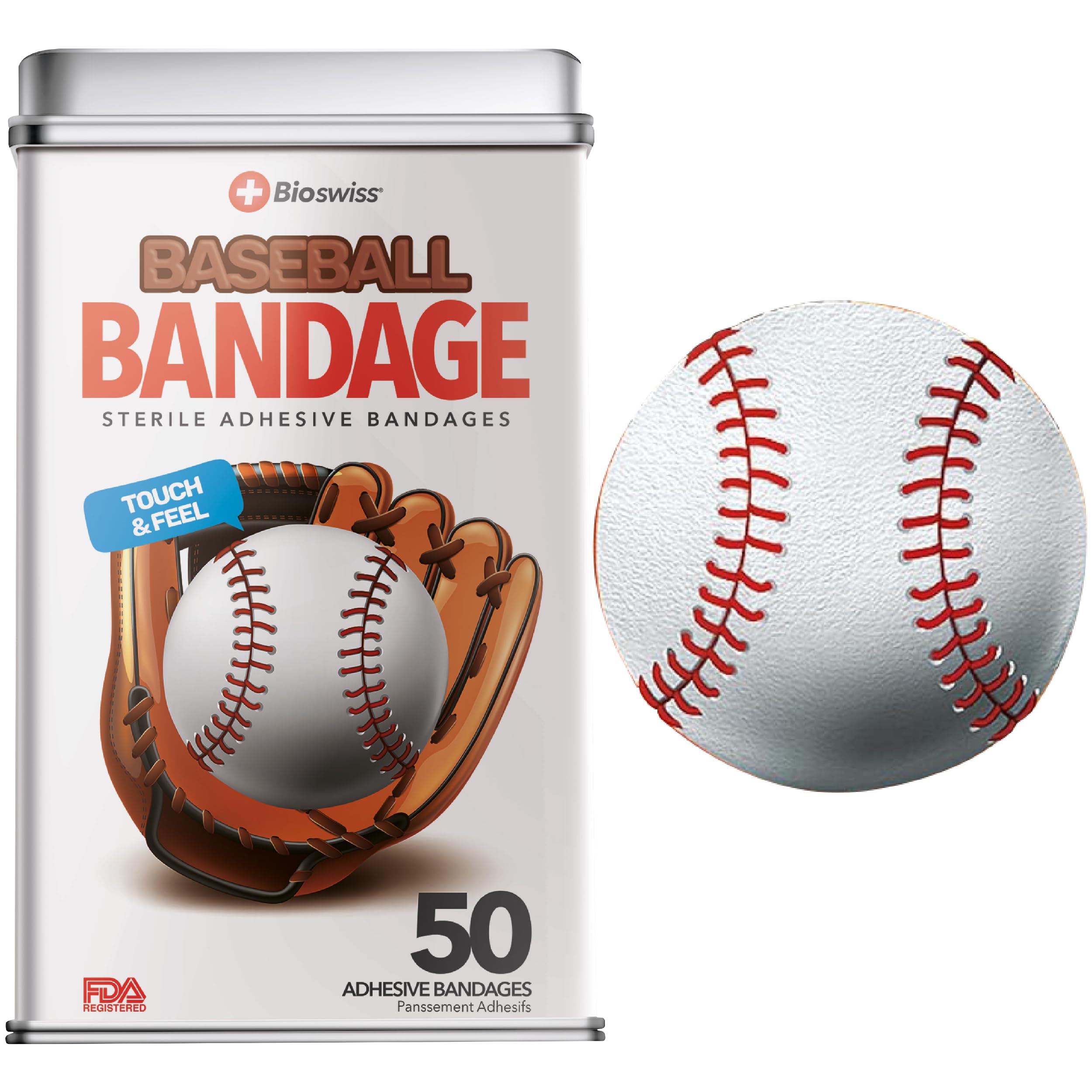 BioSwiss Bandages, Baseball Shaped Self Adhesive Bandage Set, Latex Free, Sterile Wound Care, 50 Count