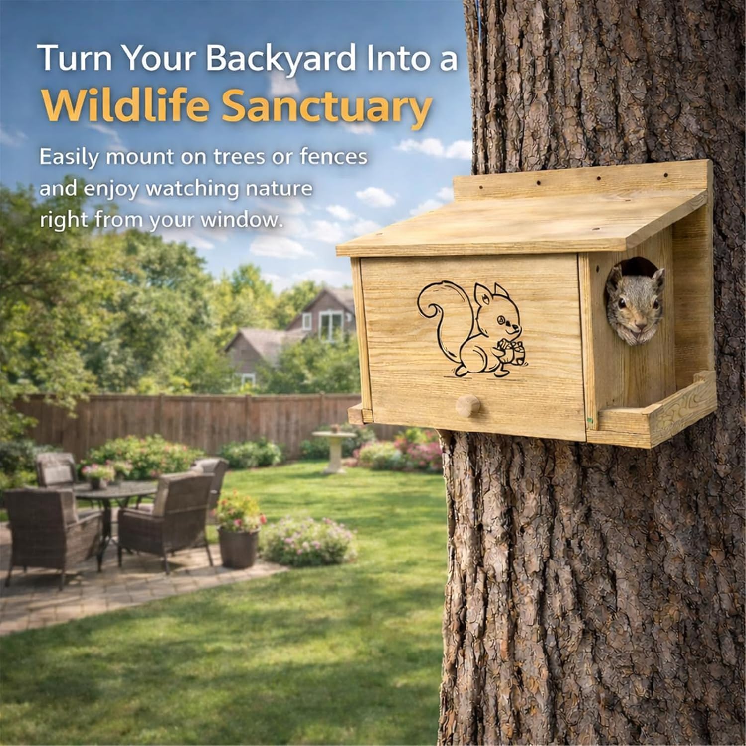 Wooden Squirrel House Feeder with Engraved Design, Outdoor Wildlife Feeding Station with Nut Storage Compartment