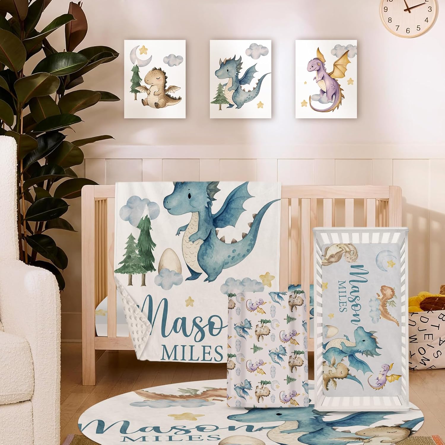 Custom Baby Crib Bedding Set, 5 Pcs Personalized Name Baby Crib Sheets for Kid Toddler Infant, Blue Dinosaurs Nursery Bedding Set