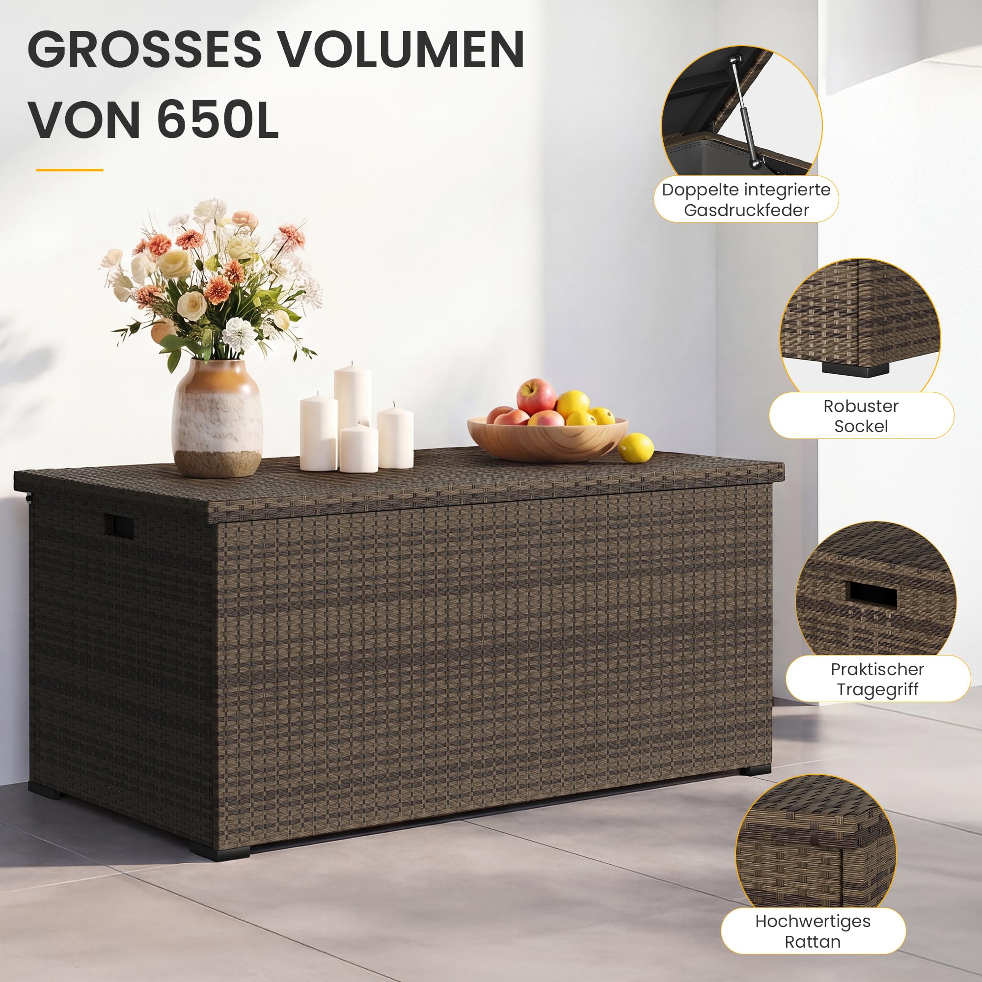UDPATIO Gartenbox Wasserdicht 650L, Aufbewahrungsbox Garten XXL, Auflagenbox Wetterfest, Kissenbox Outdoor mit Deckel, Gasdruckfedern, ideal für Garten, Terrasse & Balkon | Braun