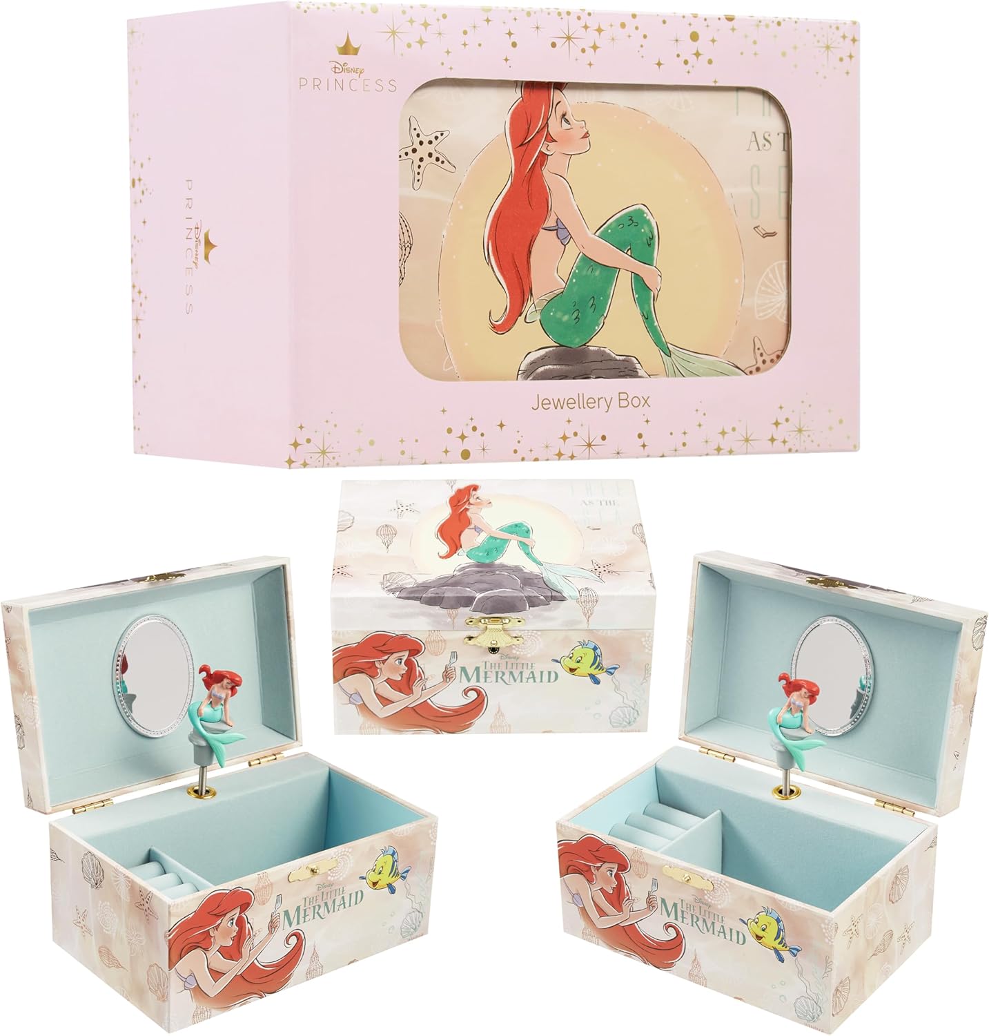 Disney Musical Jewelry Box for Girls, Lovely Girls Jewelry Box with Spinning Figure, Enchanting Kids Jewelry Box with Storage Slots, Gift-Worthy Little Girl Jewelry Box, The Little Mermaid, Beige