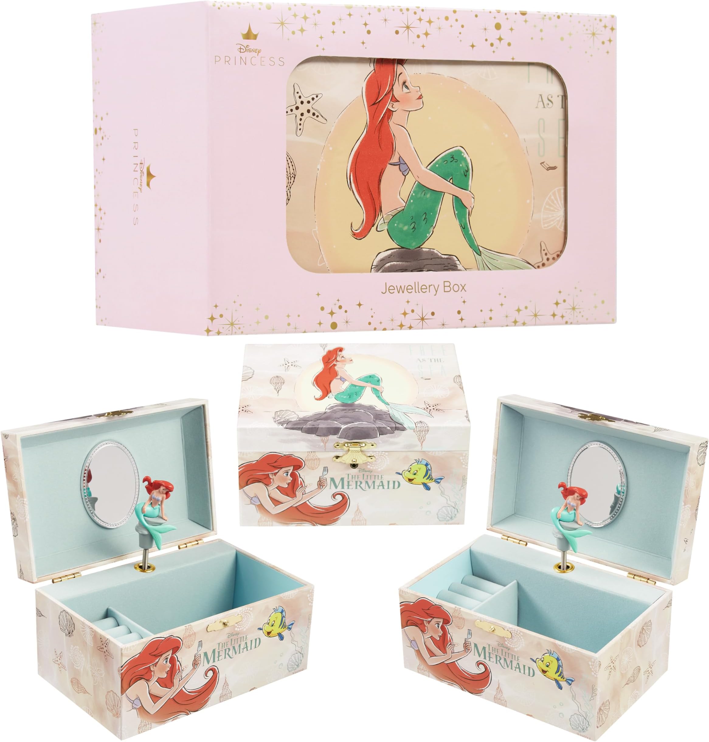 Disney Stitch Jewellery Box Musical Wind Up Spinning Figure Frozen Memory Box Keepsake Girls Teens Ring Slots Organiser Bedroom Decor, Gifts for Girls (Multi Ariel)