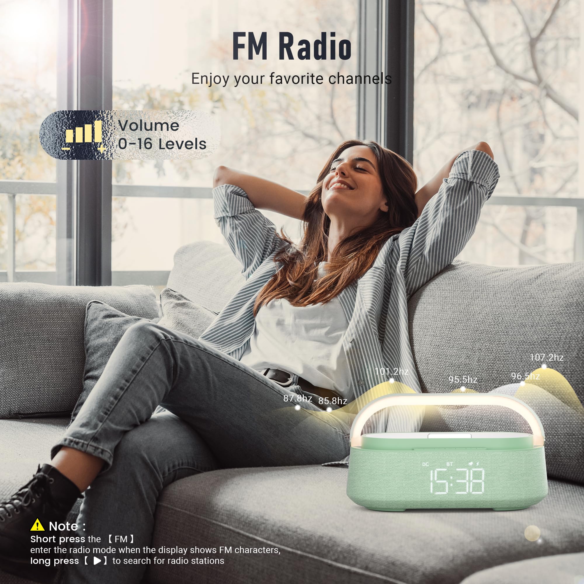 FREEFISH Sveglia con altoparlante Bluetooth con caricabatterie wireless veloce da 15 W, radio FM, luce notturna a LED, orologio di ricarica wireless per camere da letto, ufficio, casa, regali