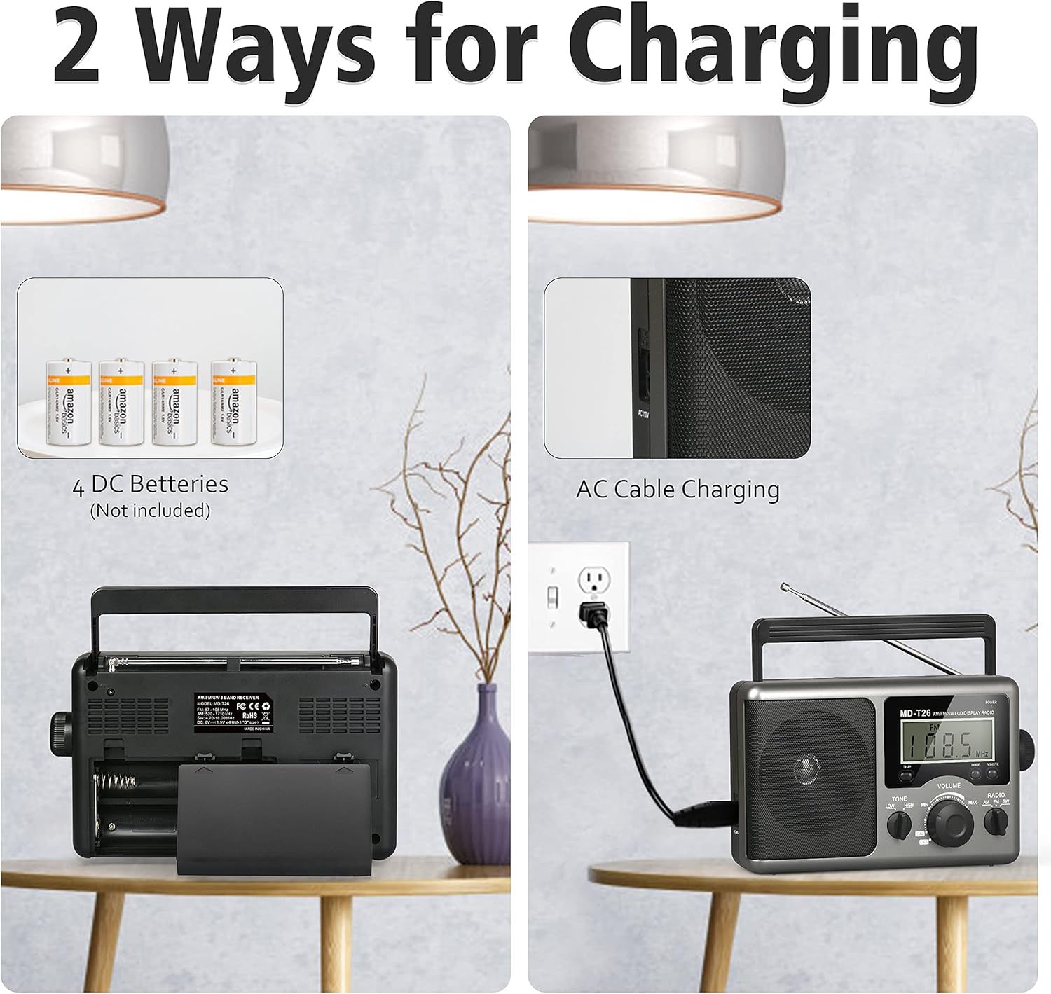 Portable AM FM Shortwave Radio,Battery Operated Radio by 4D Cell Batteries or AC Power Transistor Radio with LCD Display,Time Setting,3.5mm Earphone Jack,Big Speaker,High/Low Tone for Home,Gift : Electronics