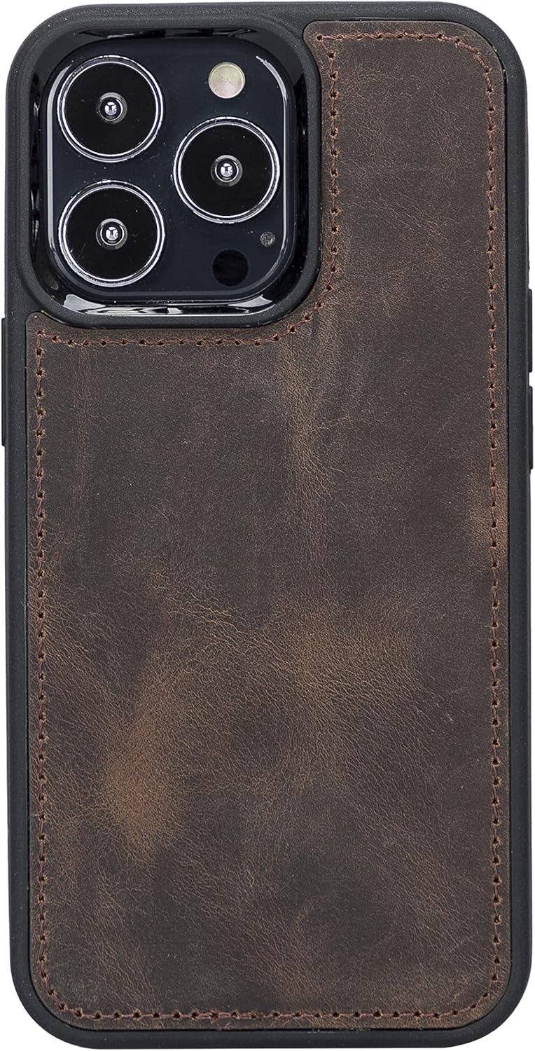 Bayelon Case Compatibe with iPhone 13 Pro, Full Grain Trifold Leather Wallet [2in1], Detachable Magnetic Flip Cover with Card Slots (Dark Brown)