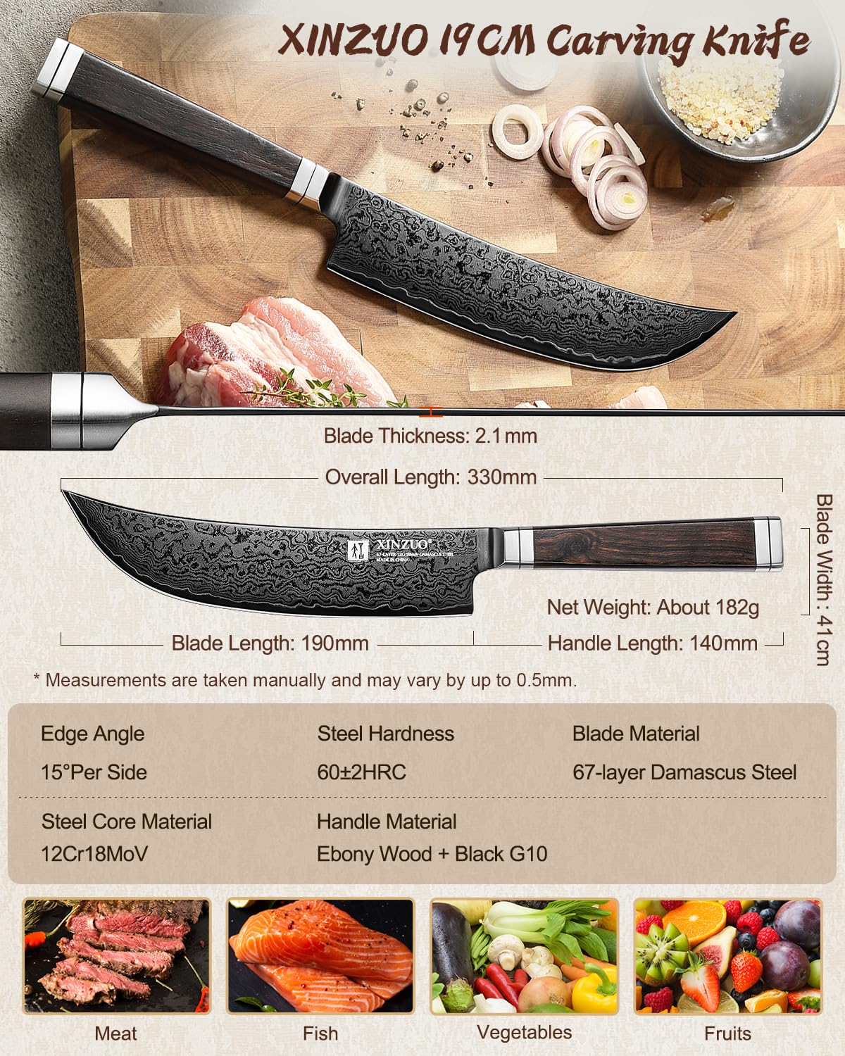 XINZUO Acero de Damasco 19cm Cuchillo de Trinchar de Cocina -Recubrimiento de Titanio Negro -Afilado Forjado Cuchillo Fileteador de Cocinero Profesional -Mango de Madera de Ébano -con Caja de Regalo