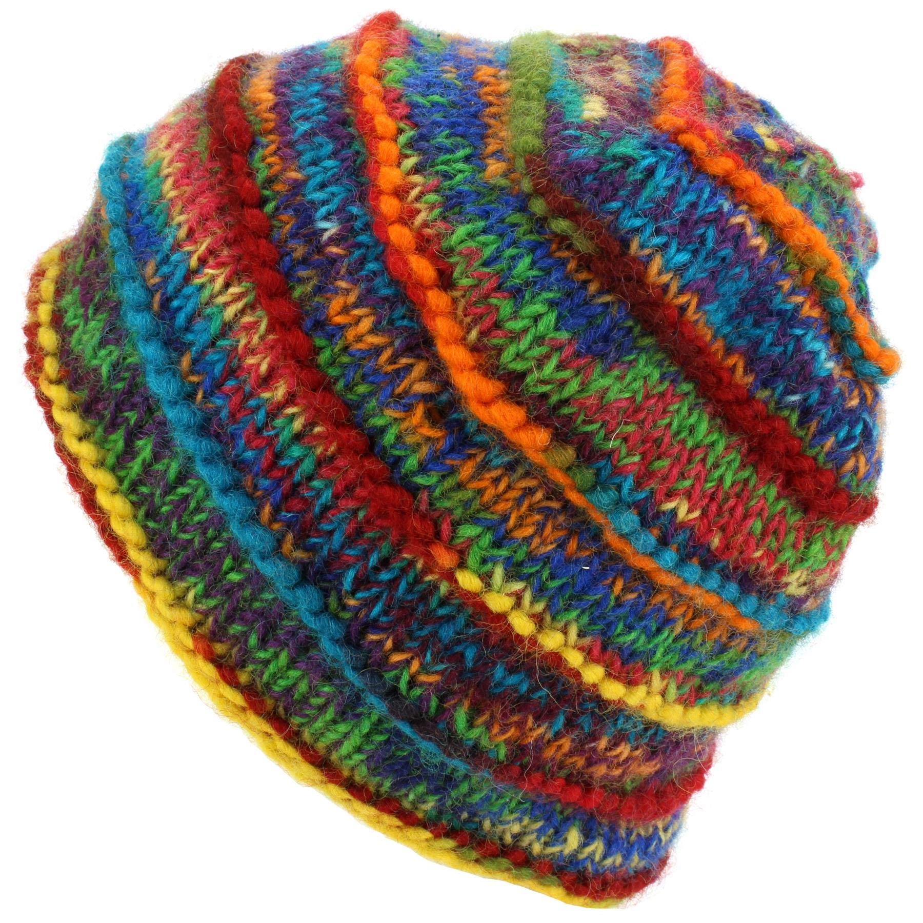 LOUDelephant Chunky Ribbed Wool Knit Beanie Hat with Space Dye Design - Rainbow