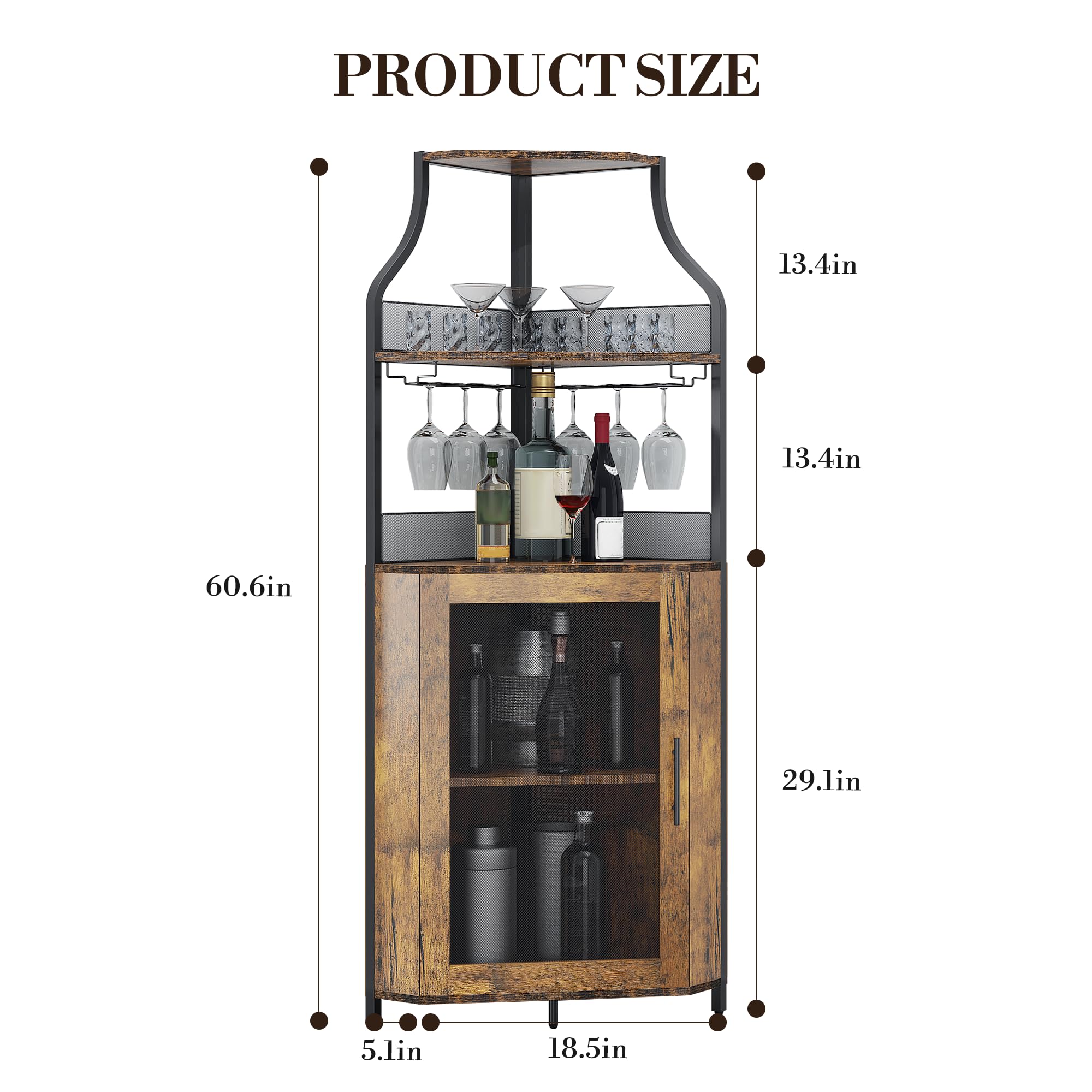 Eck-Weinregal, 5 Etagen Weinregal Freistehender mit Glashalter and Weinaufbewahrung, industrielles Weinbar Schrank mit Türen aus Metallgitter, 50 Flaschen Wein Bäckerregal für Bar, Küche 47x34x154cm-K
