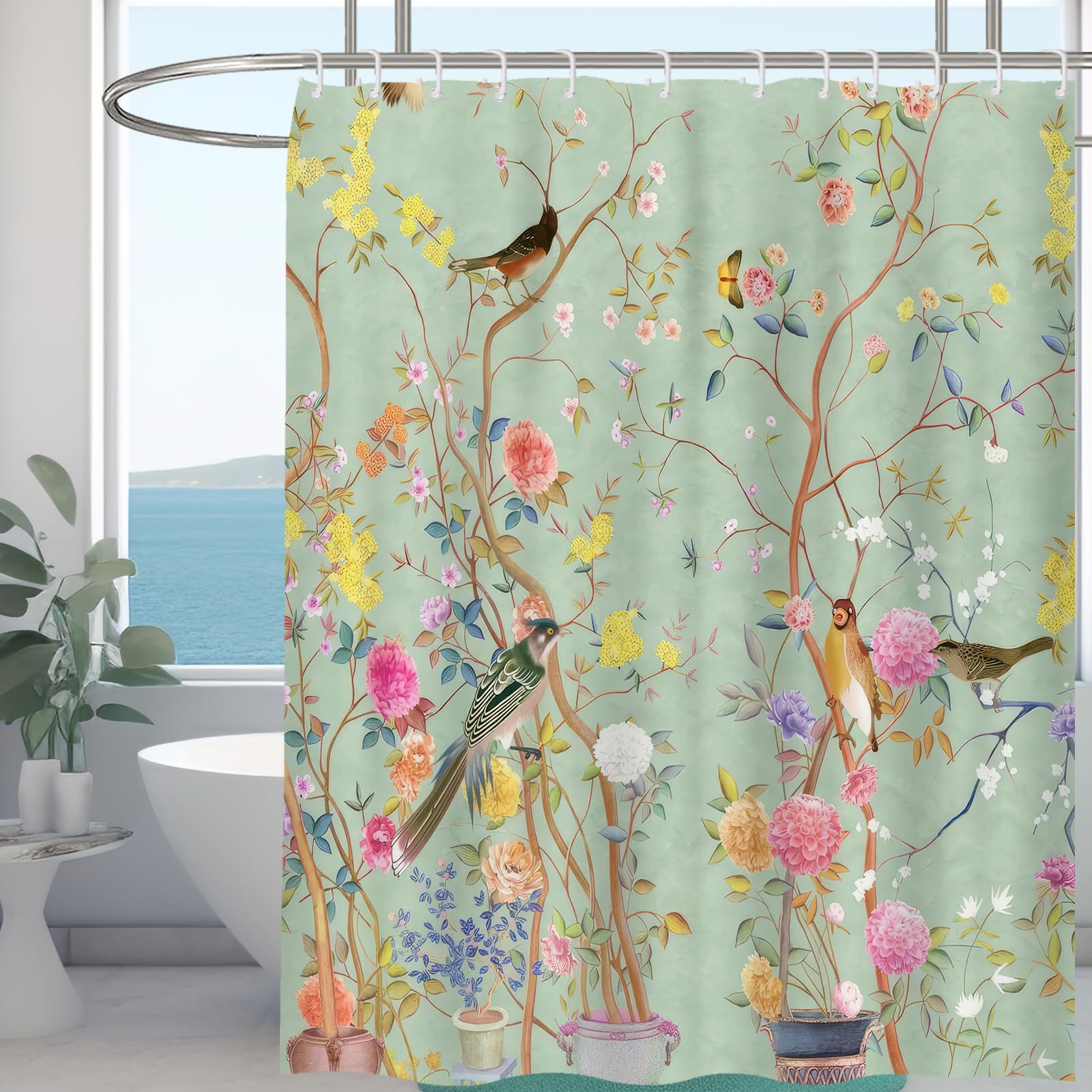 Minicoco Women's Butterfly Bird Flower Mould Proof Resistant Wet Room Shower Curtain 100% Polyester Waterproof Bathroom Curtain Floral Scenery With 12 Hooks, 180 X 180 Cm (Butterfly Bird Flower)