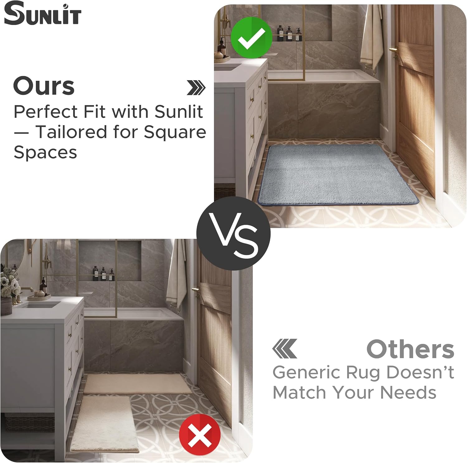 Sunlit Square Bathroom Rug 32x32, Soft Super Absorbent Bath Mat Quick Dry, Washable Bathroom Mat, Non-Slip Square Bath Rug, Cozy Shower Rugs Bathmat, Gray