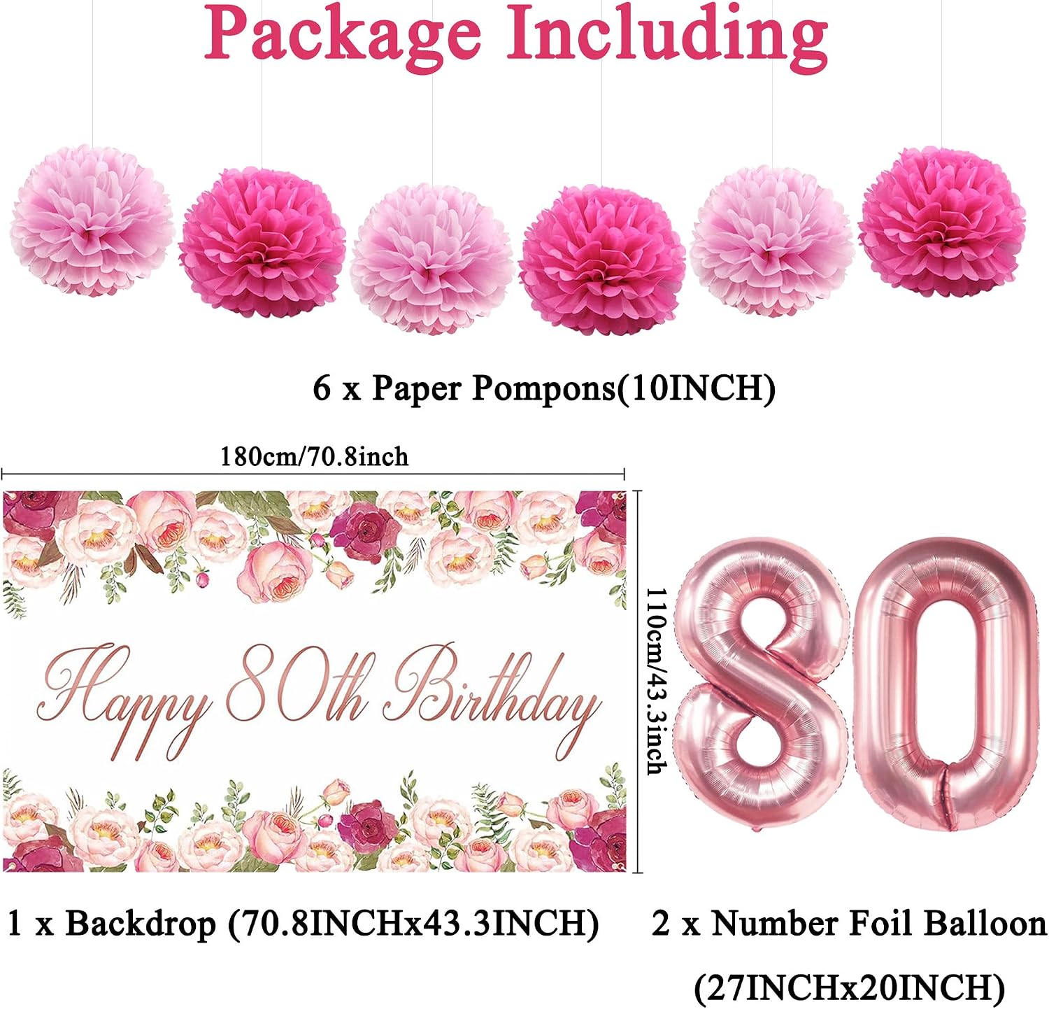 Vlipoeasn Flower 80th Birthday Decorations for Women, Rose Gold 80th Birthday Backdrop Banner, Cake Topper, Honeycomb, Hanging Swirl for Party, Cheers to 80 Years Old Party Supplies