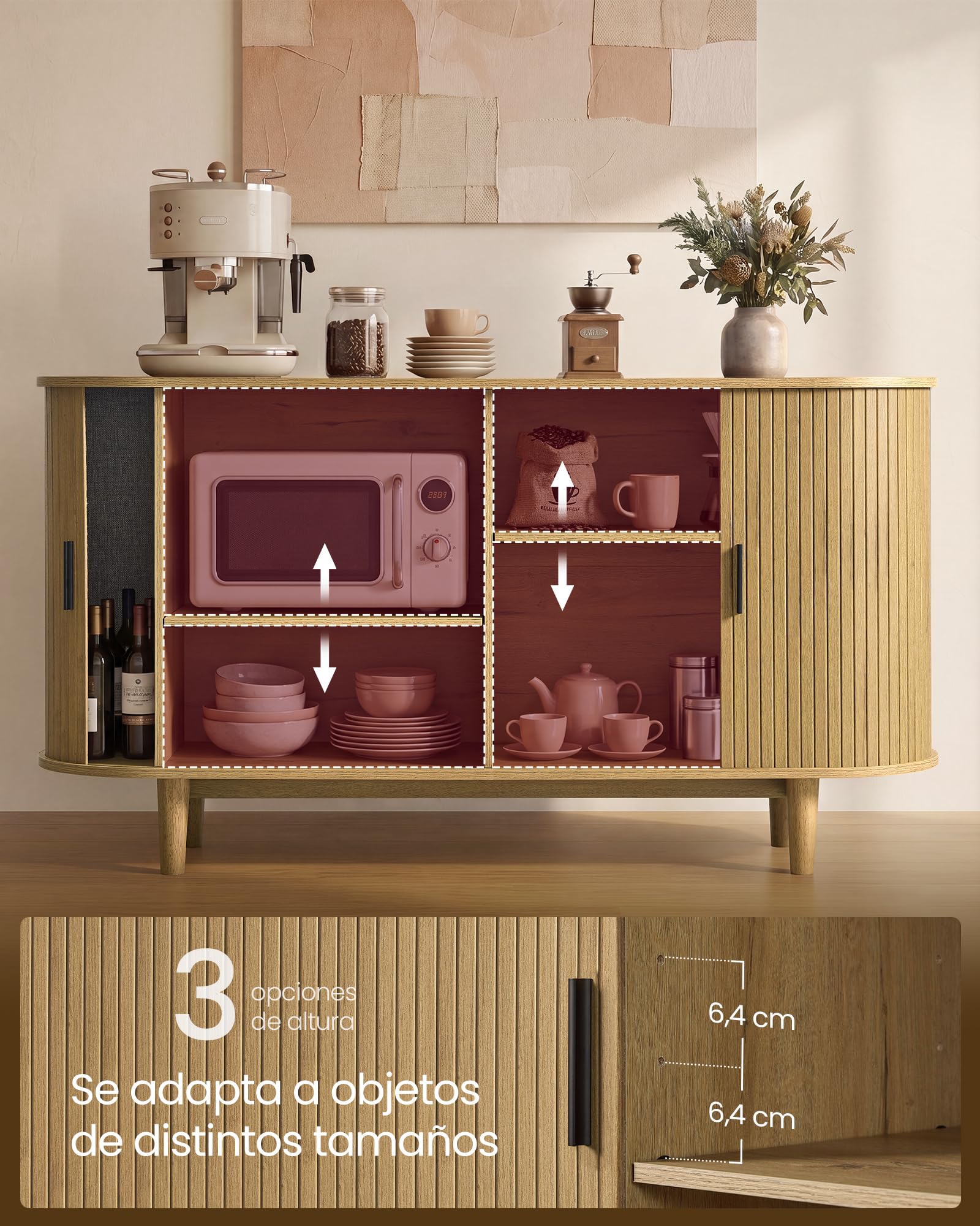 VASAGLE Aparador, Armario de Almacenaje con Puertas Correderas, Estantes Ajustables, 140 x 40 x 75 cm, Marrón Arena, para Salón y Comedor, Colección Miriana LSC631KK01