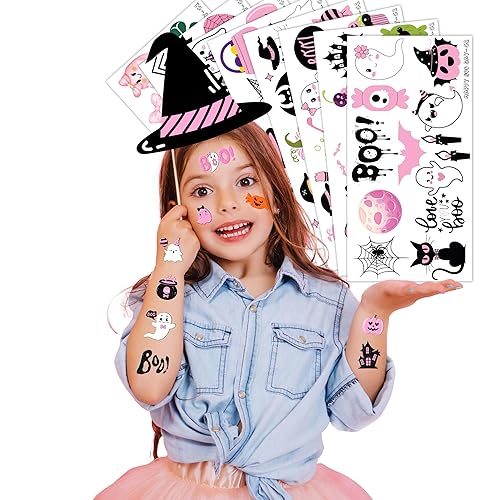 Miniatura 4 de Tatuajes temporales de Halloween de color rosa y negro, 80 calcomanías temáticas de sombrero de bruja fantasma Boo I'm Two para niños, suministros