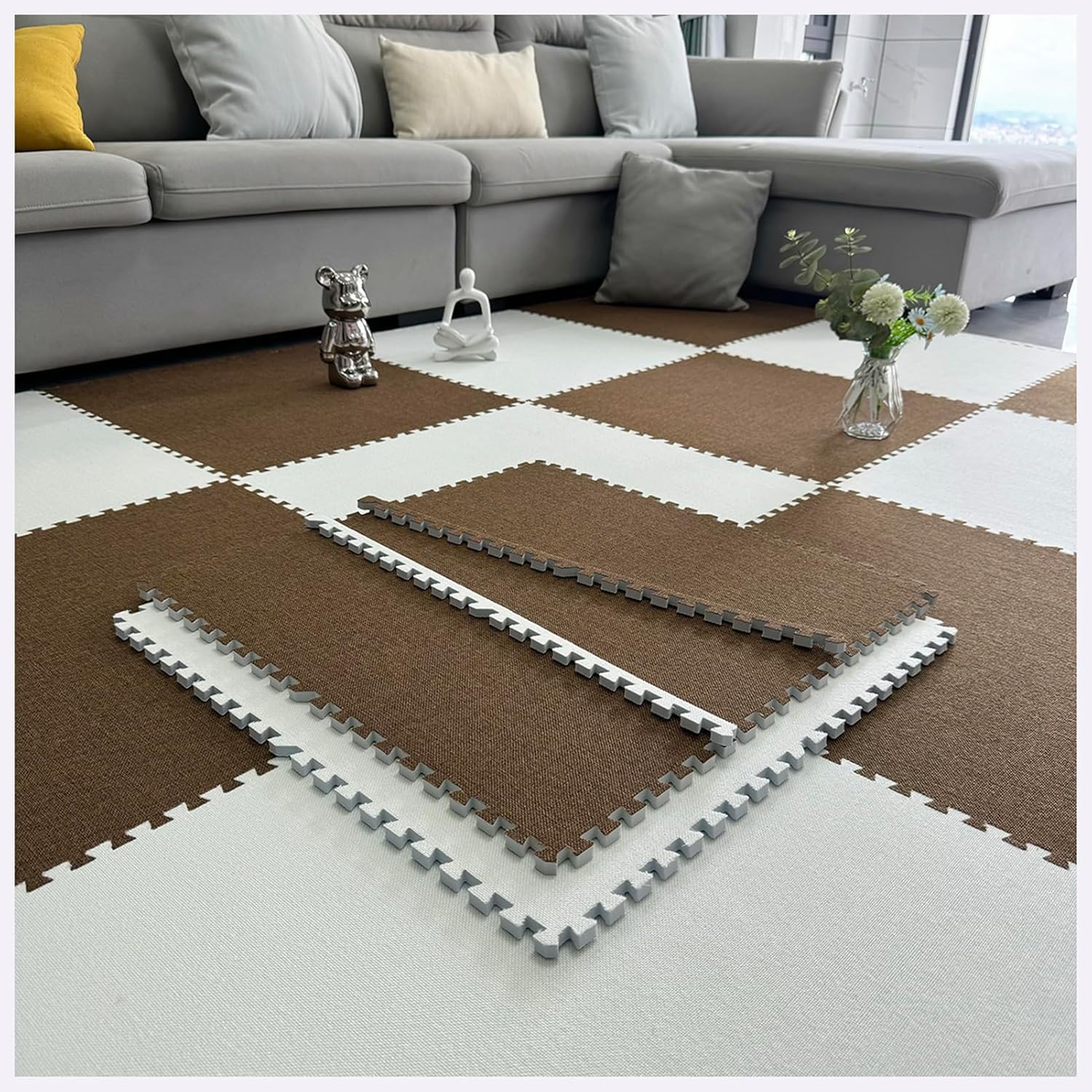 JvFbjLF Foam Interlocking Floor Mat 60cm Large Size Puzzle Area Rugs Play Mat DIY Square Carpet Soft Foam Flooring Tiles(Dark Brown+White,10pcs)