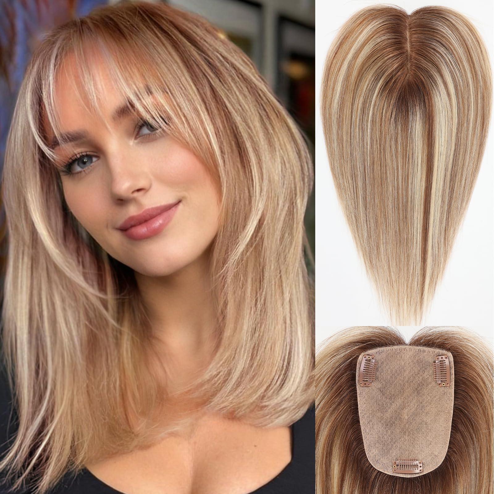 starluck Human Hair Toppers for Women Real Human Hair With Bangs 4 * 5.5 inch Base 12 inch SilkHug Hair Topper for Women Cover Grey Roots(Brown with Blonde Highlight)