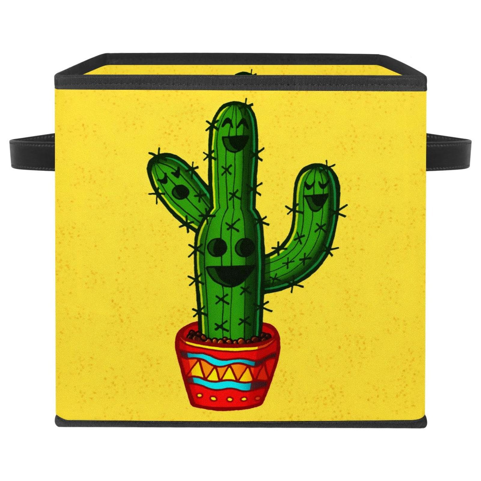 Boîte de rangement pliable jaune cactus en tissu cube avec poignées pour vêtements