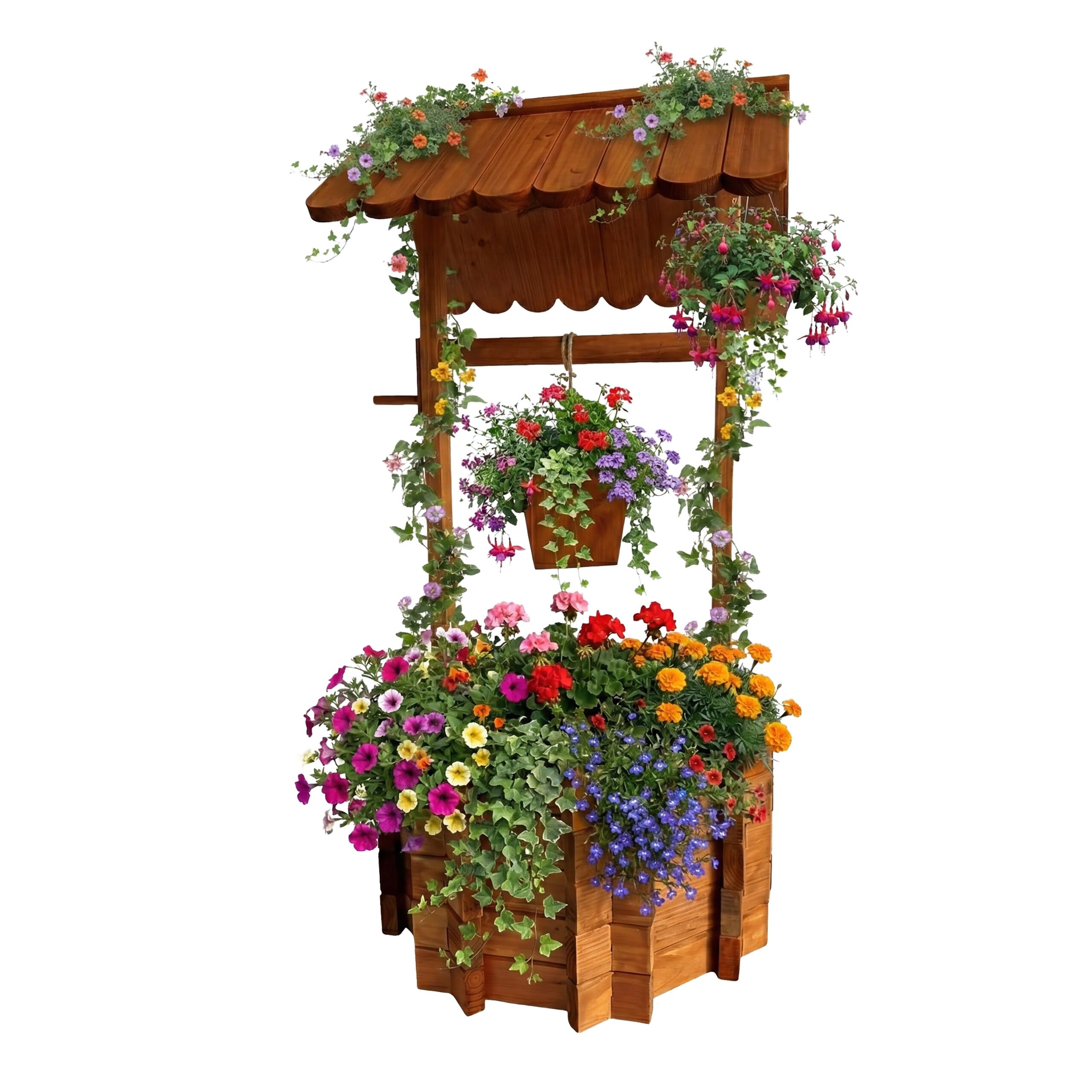 Relaxdays Plantable Wooden Garden Fountain with Bucket & Crank, 114x56x56 cm, Orange