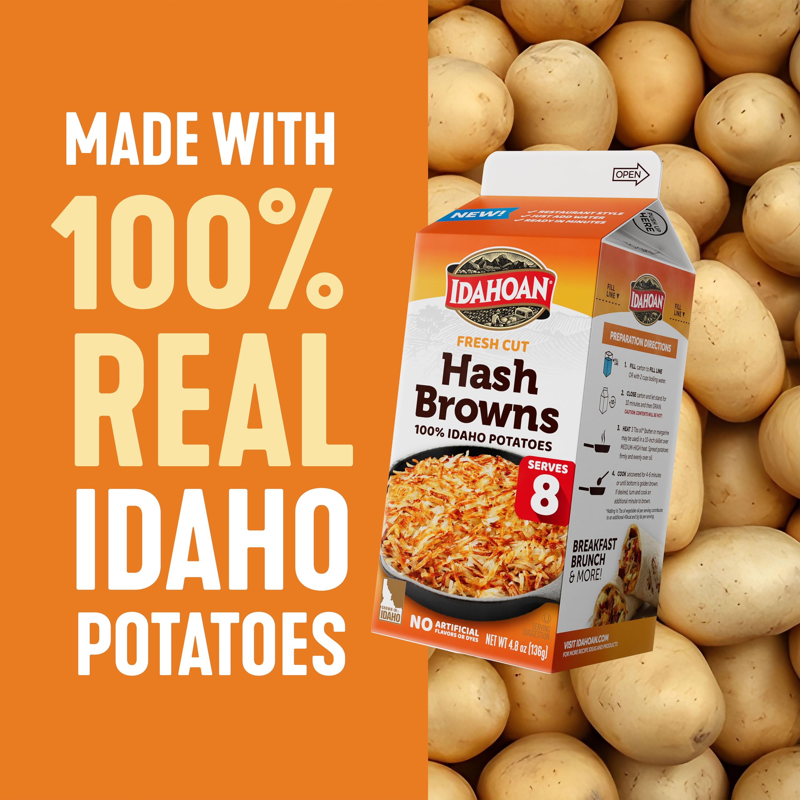 Idahoan Fresh Cut Hash Browns, Naturally Gluten-Free, 100% Real Idaho Potatoes, 8-servings per carton, 4.8 ounce (Pack of 8)