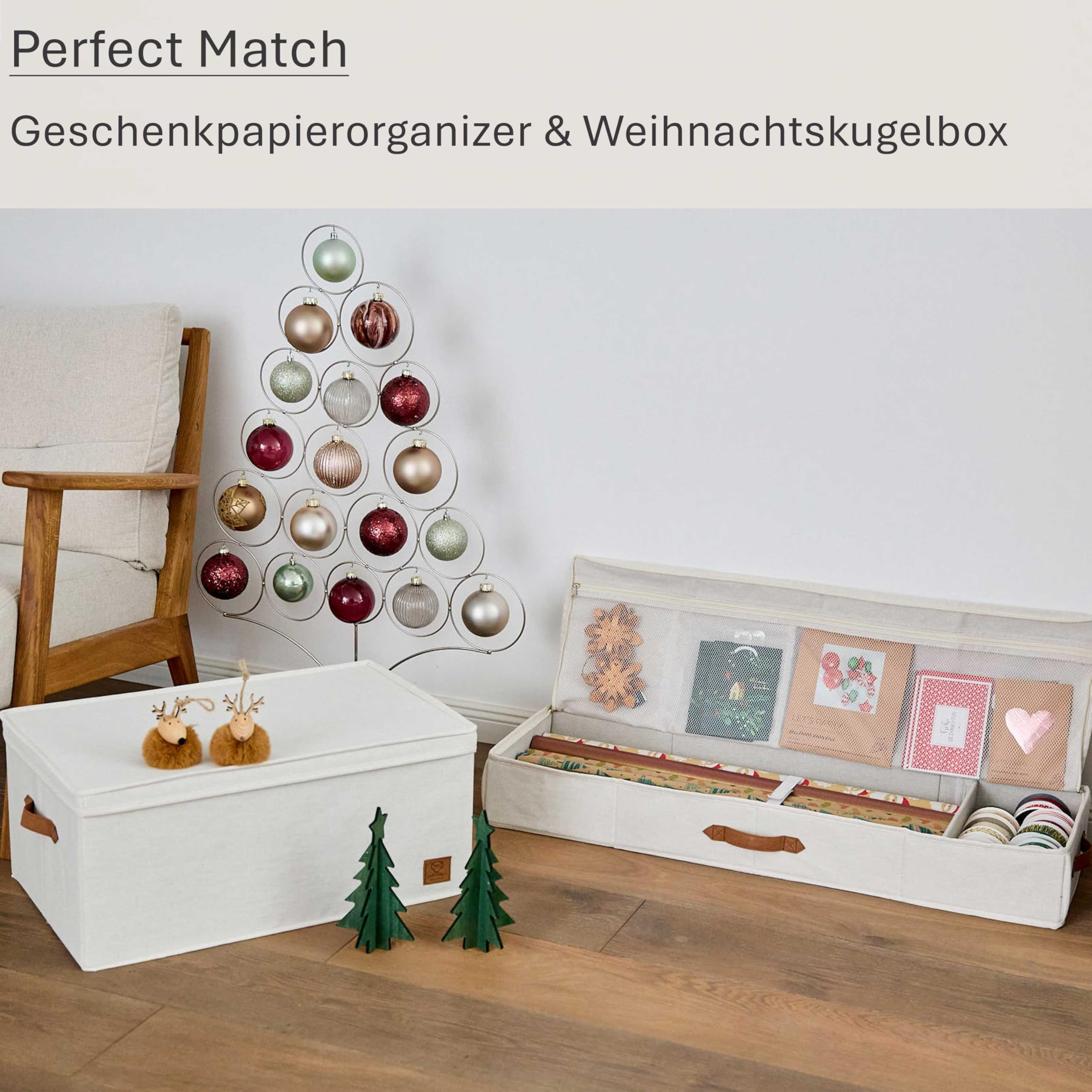 LOVE IT STORE IT Premium Geschenkpapier Organizer - Hochwertige Geschenkpapier Aufbewahrung aus Stoff - Mit Fächern für Geschenkbänder - Beige - 90x30x12 cm