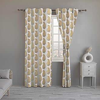 Trance Home Linen Floral Printed 10 Feet 100% Cotton Long Door Curtain | 60-65% Room Darkening Curtains | Premium Eyelet Ring Parda for Living Room Bedroom Office (Golden Paisley - Set 2, 10Ft)