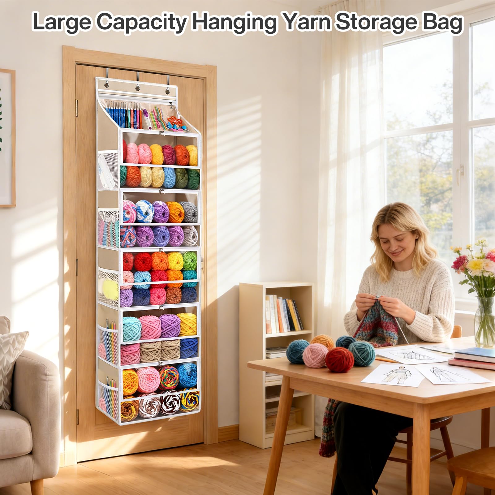 Organizador colgante con 5 compartimentos con cremallera, almacenamiento de hilo para colgar, organizador de puerta, organizador de punto colgante para accesorios de punto y ganchillo, bolsillos