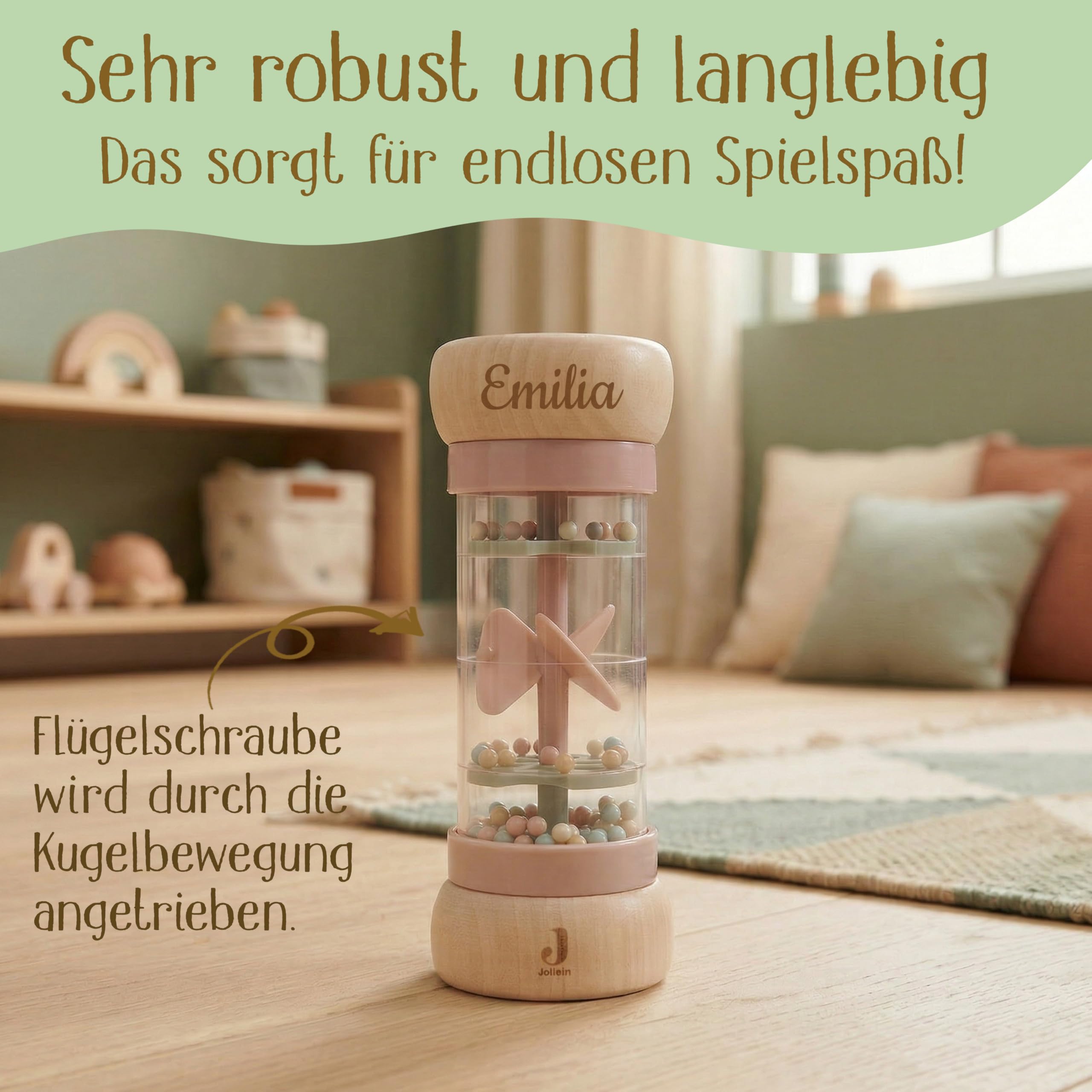 Regenmacher personalisiert mit Name – FSC Holz Baby Rassel ab 3 Monate – Geschenk zur Geburt, Taufe, Geburtstag, Motorikspielzeug Baby Mädchen – Holzspielzeug mit Gravur