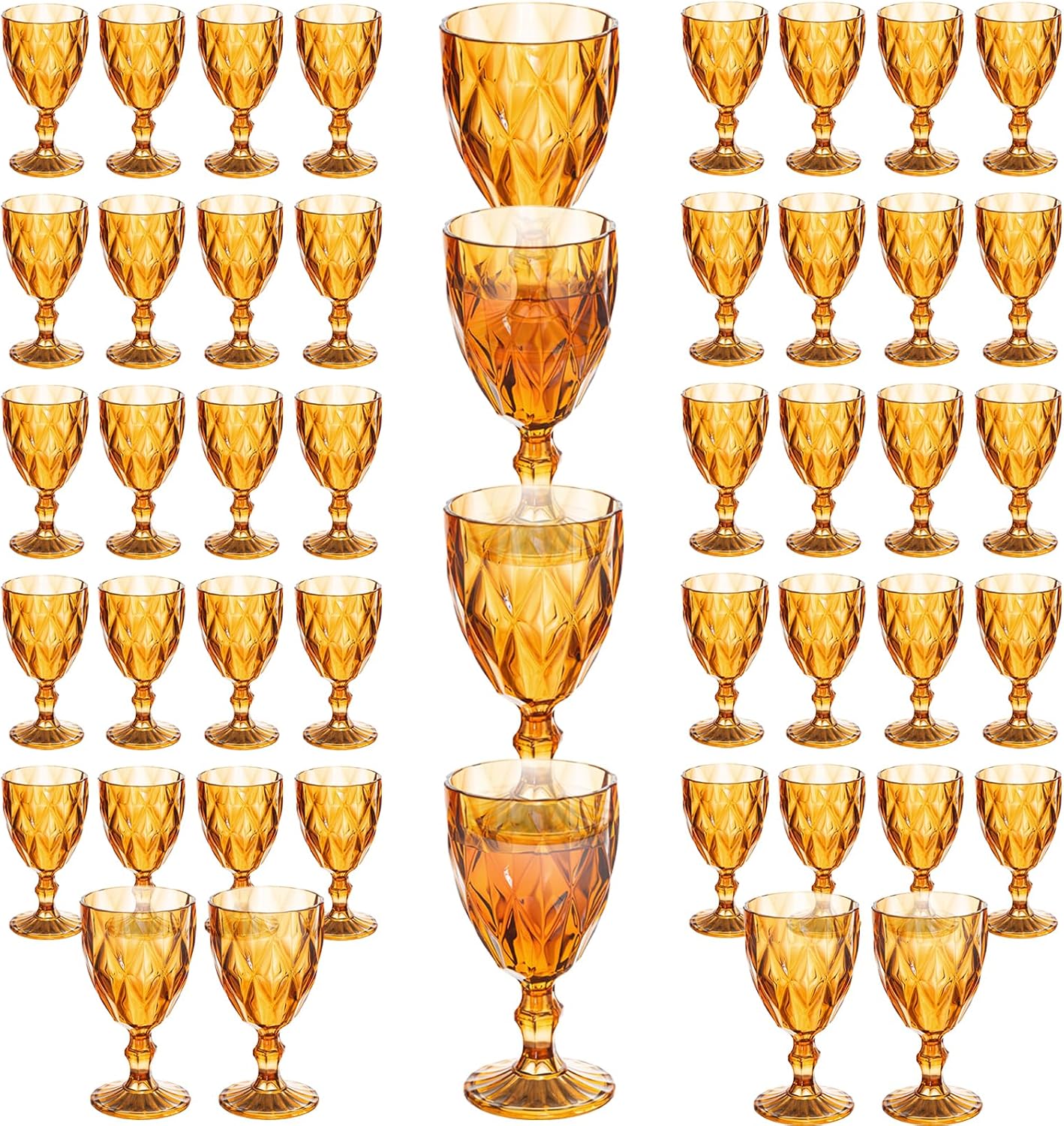 48 pack vintage wine glasses, plastic reusable 12 ounce colored water goblets, unique embossed pattern unbreakable stemmed wine glasses high clear wedding party bar drinking cups amber