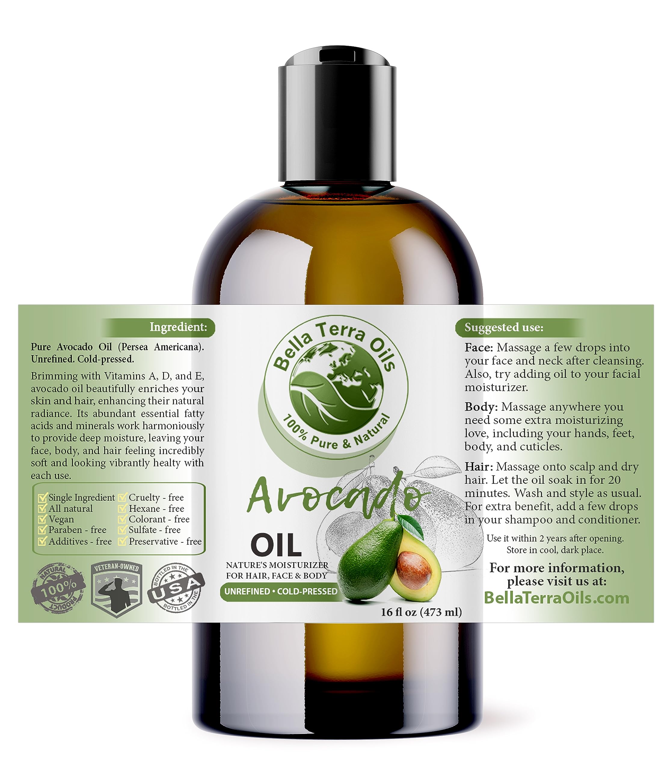 Bella Terra Oils Avocado Oil. 16oz. 100% Pure. Cold-pressed