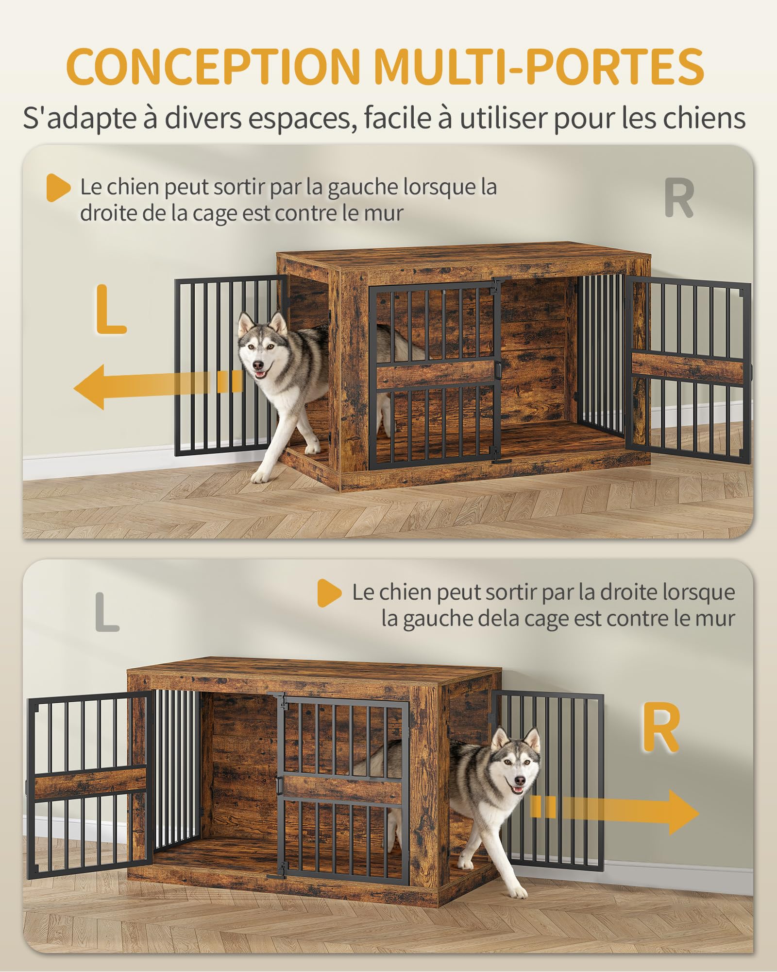 Hzuaneri Cage pour Chien, 120 cm Niche d'Intérieur en Bois Design Moderne 4 Portes, XXL Table d'Appoint Salon pour Chien Moyens et Grands, 120 x 75,5 x 87 cm, Marron Rustique 9220101B