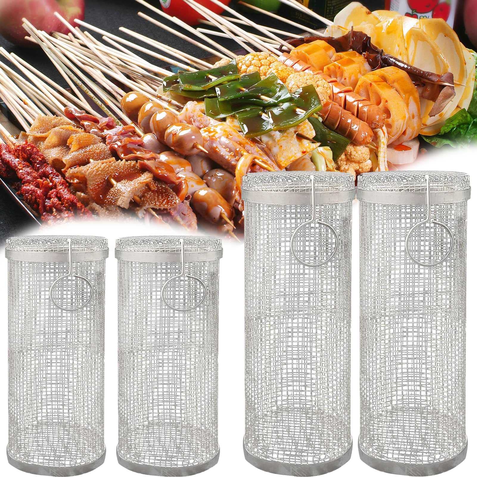 Eoweiot Stainless Steel Mesh Cylinder Grill Basket, Rolling Grill Basket, BBQ Grill Basket, Grilling Accessory, for Vegetables, Shrimp