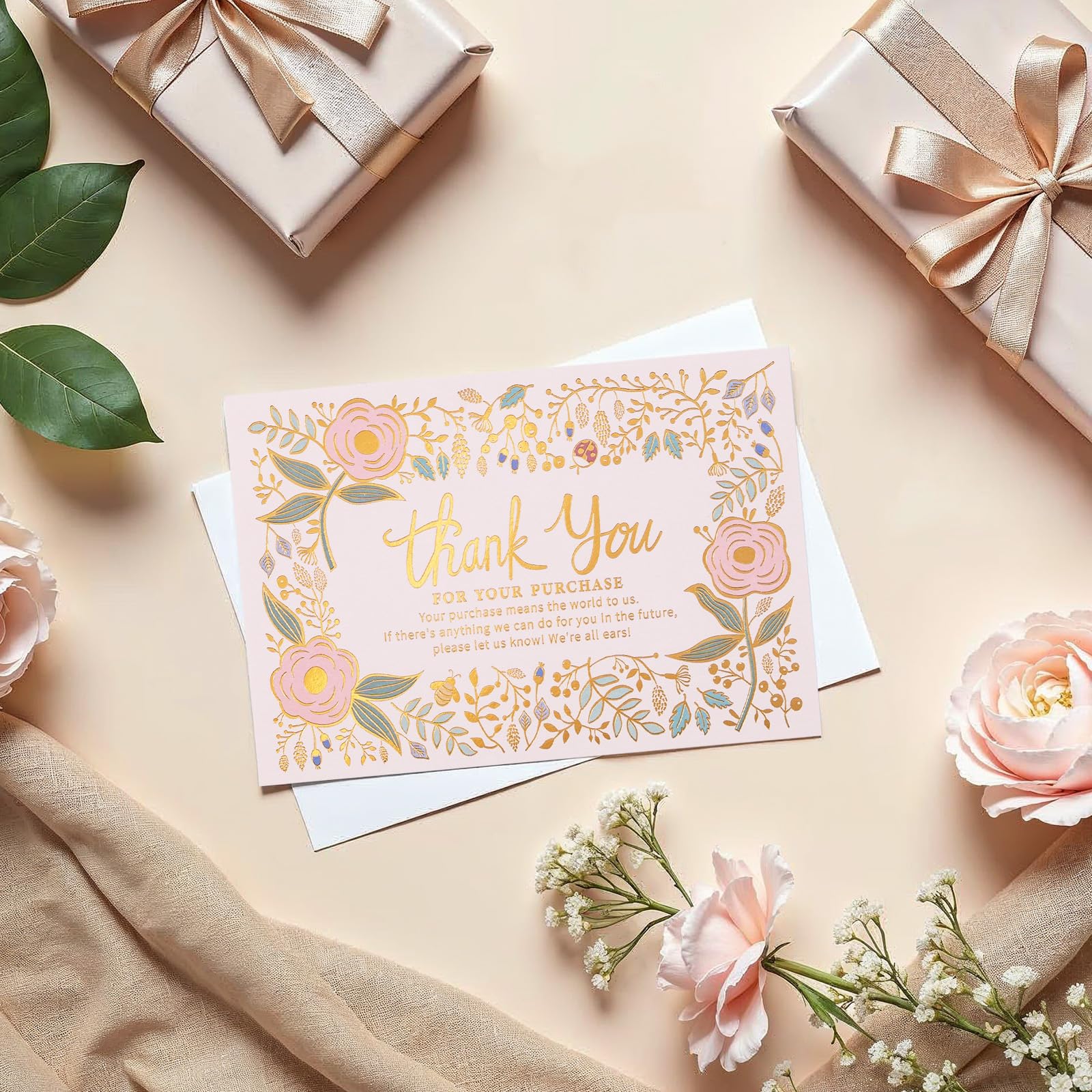 Prims & Flourish Thank You for Your Order Cards Pack of 50 Thank You for Your Purchase Cards Gold Foil Floral, 4 x 6 Inches - Image 2