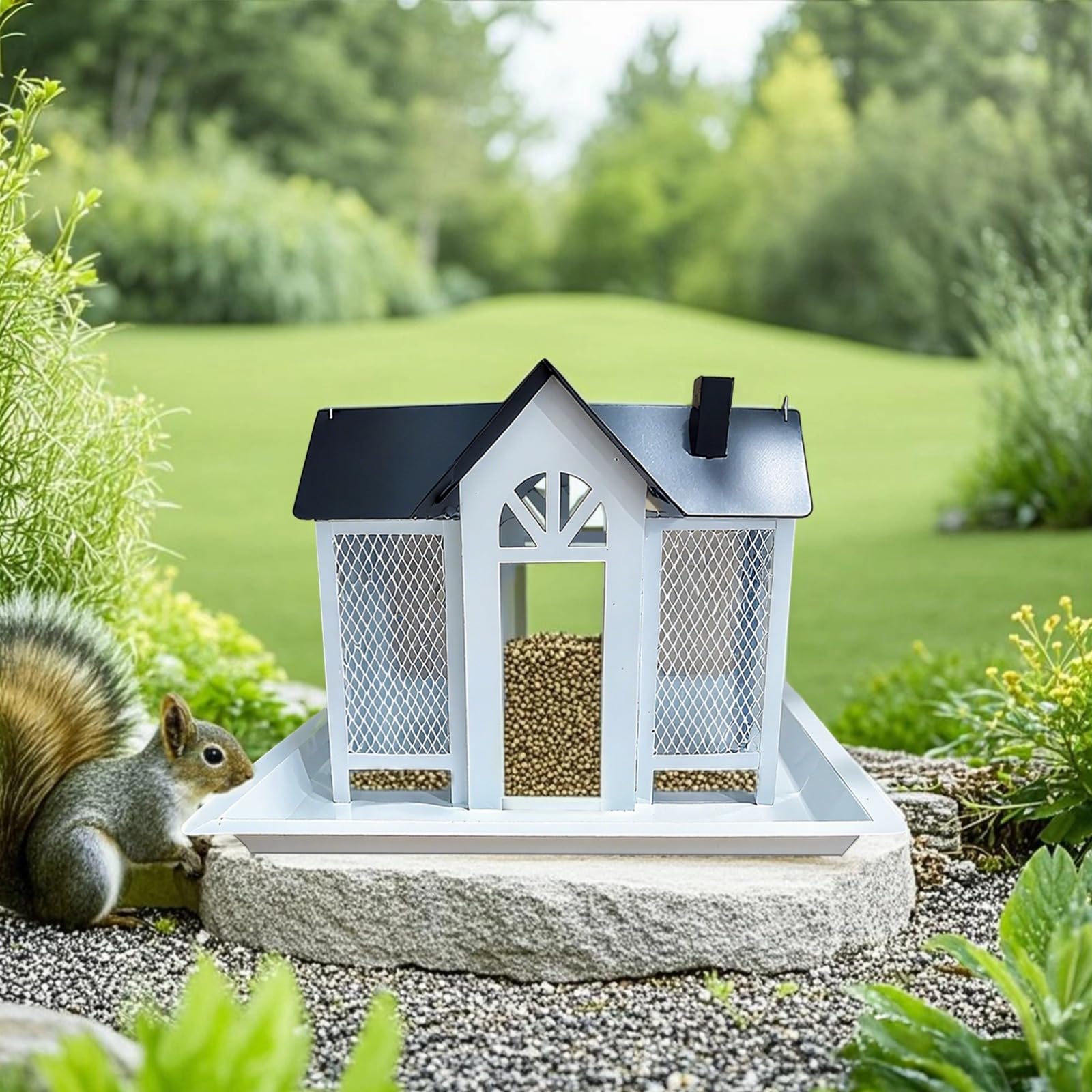 Metalowy karmnik dla ptaków, wiszący domek dla ptaków na zewnątrz, biały metalowy karmnik dla ptaków do ogrodu, patio i balkonu, 25 x 20 x 18 cm