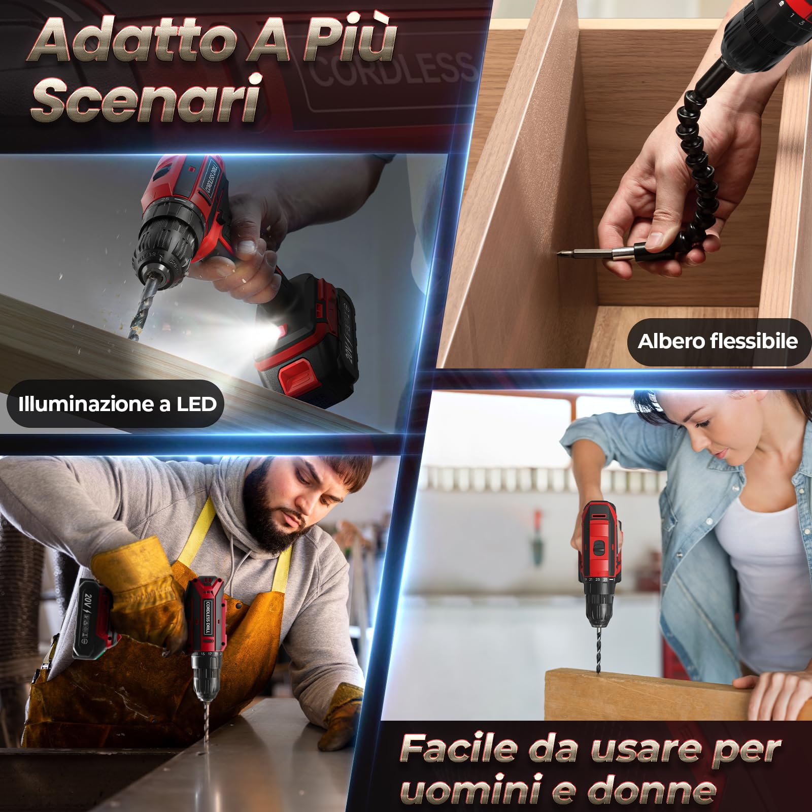 Trapano Avvitatore Batteria con 2 Batterie, 20V Avvitatore a Batteria Max 42Nm, 2 Velocità Trapano a Batterie LED, Compatibile con Batterie Makita, 25+1 Coppia, Mandrino 10mm, per Riparazioni e DIY