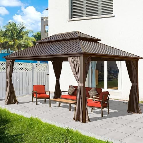 Miniatura 12 de Domi Gazebos de techo rígido de 12 x 14 pies, cenador de metal de aluminio con toldo de doble techo de acero galvanizado, cortina y red, pabellón