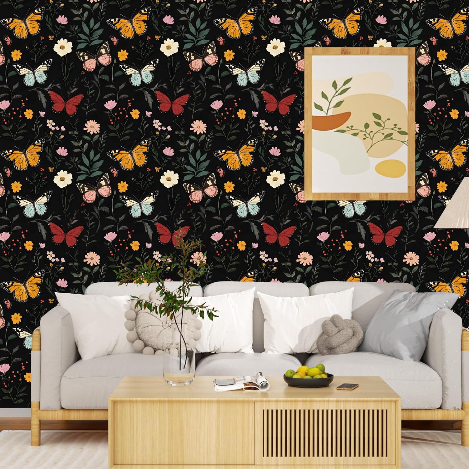 Dark Butterfly Wallpaper Peel and Stick, Vintage Black Butterfly Floral Self Adhesive Removable Wall Paper for Nursery Bedroom Cabinet, Vinyl Boho Colorful Contact Paper Decor 17.5In x 118In