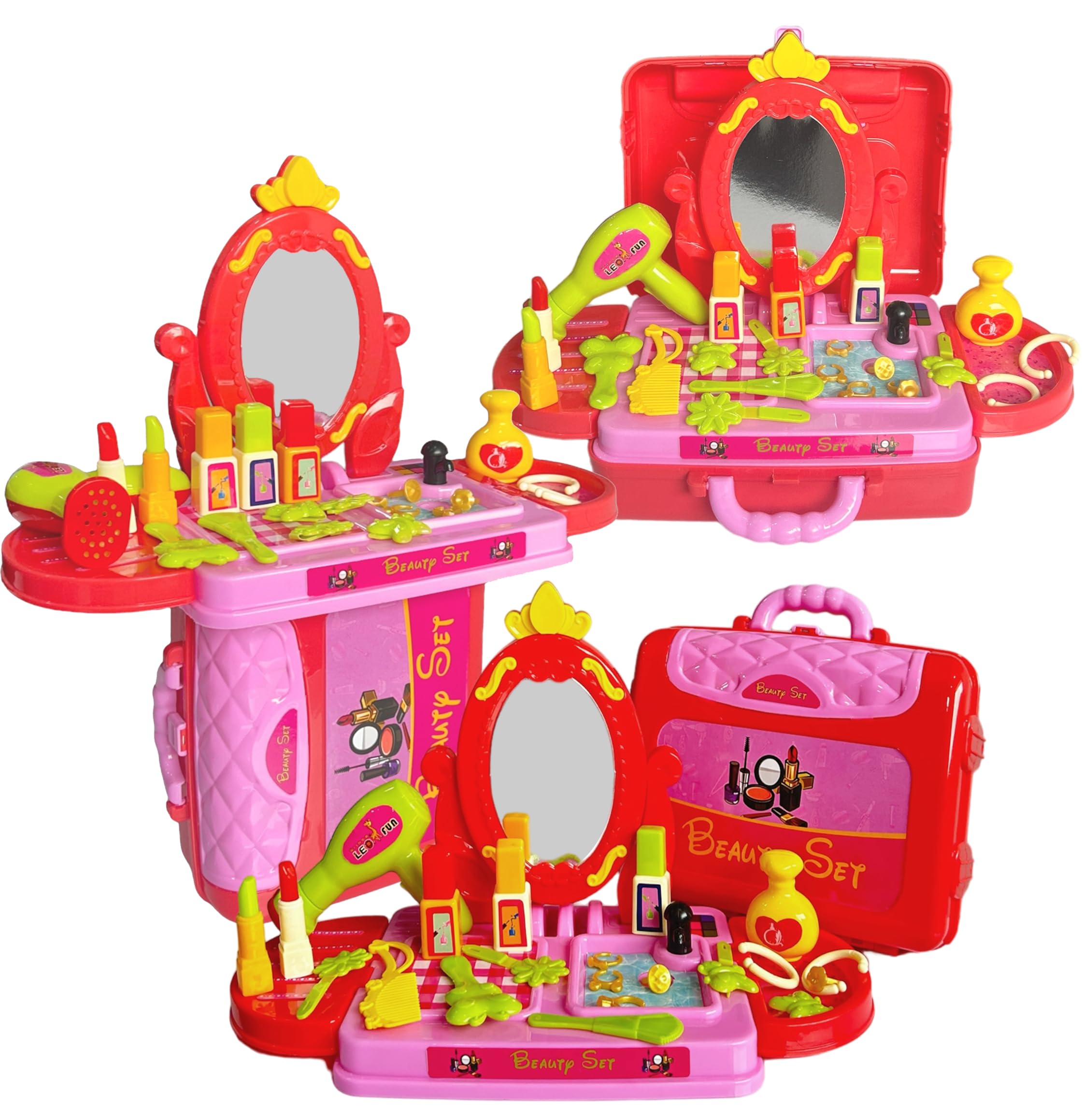 QUICKNEED 3 in 1 Beauty Set Learning Educational Make Up Suitcase Kit with Makeup Accessories Pretend Play Set Portable Suitcase Toy Gift for Girls - Pink