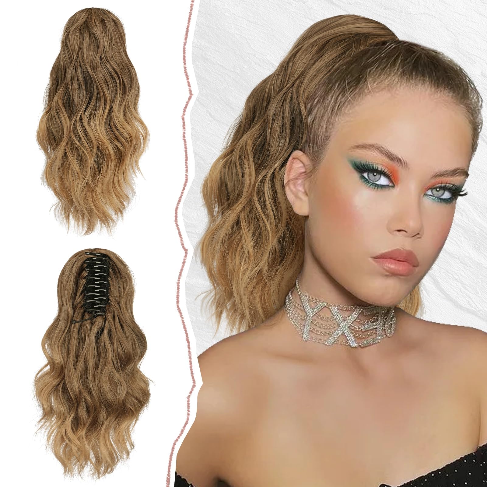 SOFEIYAN 14" Ponytail Extension, Short Wavy Claw Clip in Ponytail Hair Extension Synthetic Hairpieces Golden Brown to Ash Brown Layered Natural Fluffy