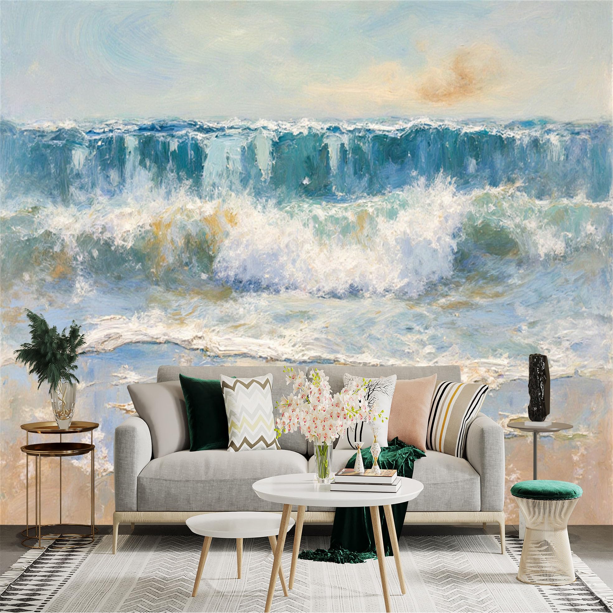 Custom Size Wall Sticker Mural， Ocean Waves with Sandy Beach and Blue Sea， for wall Decoration， peelandstick wall Decals.