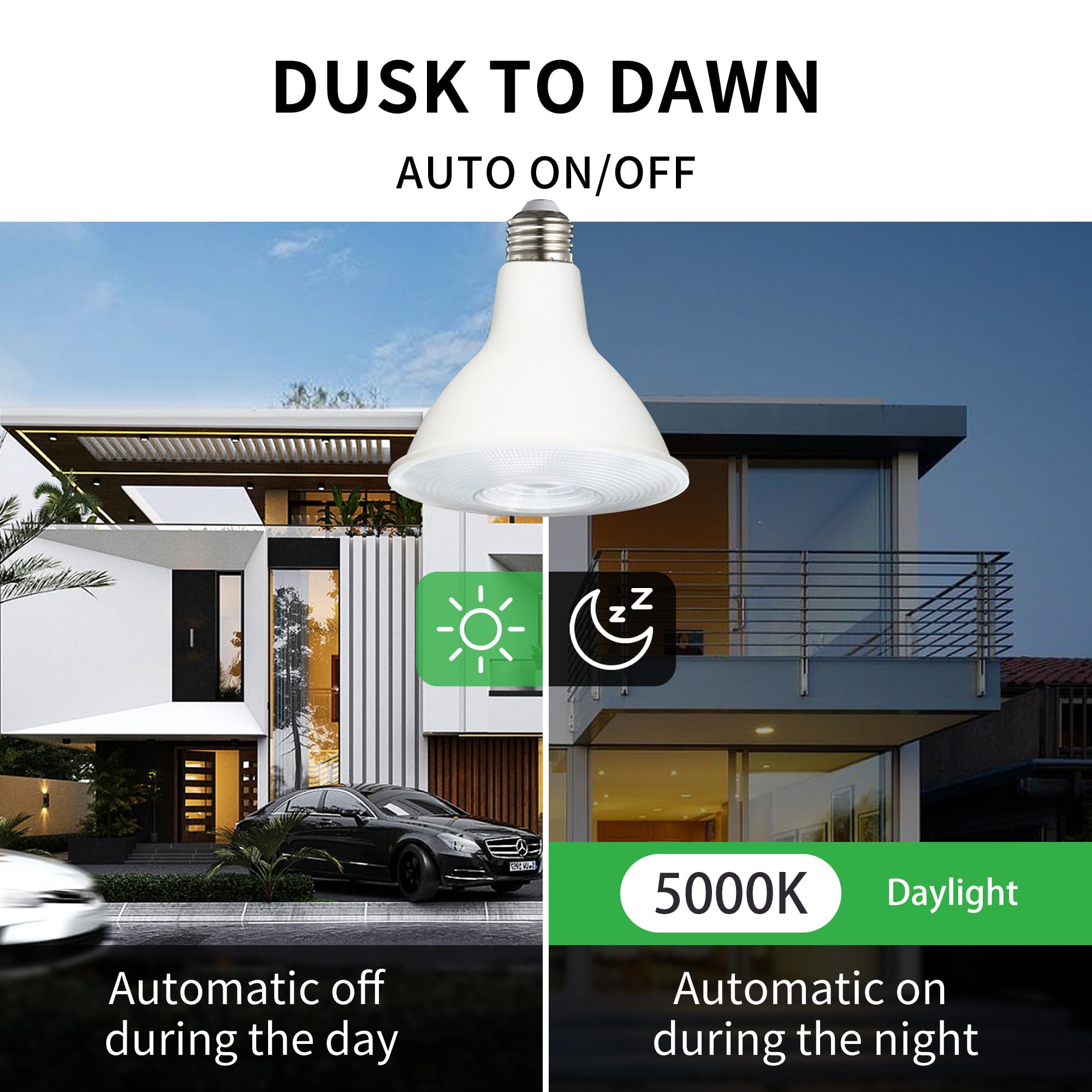 Qualilux PAR38 - Bombillas LED de inundación del atardecer al amanecer, luz blanca diurna 5000 K, equivalente a 150 W 17 W, 1700 lm, foco de luz de encendido/apagado automático para exteriores