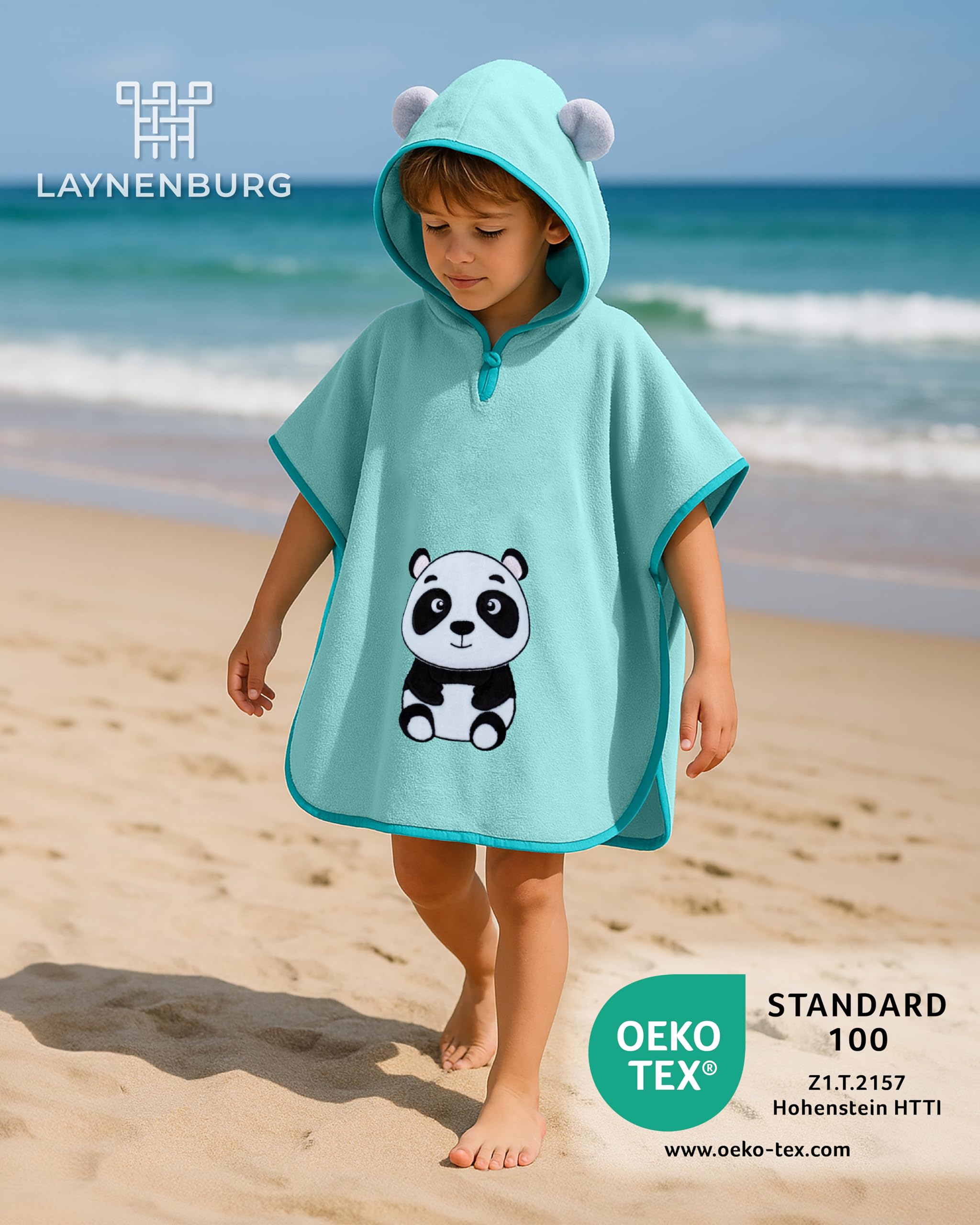 LAYNENBURG Ponczo kąpielowe premium dla dzieci z kapturem – 100% bawełna – Öko-Tex – dla chłopców i dziewczynek, ponczo frotte, Turkusowy - Panda, 3-5 lat