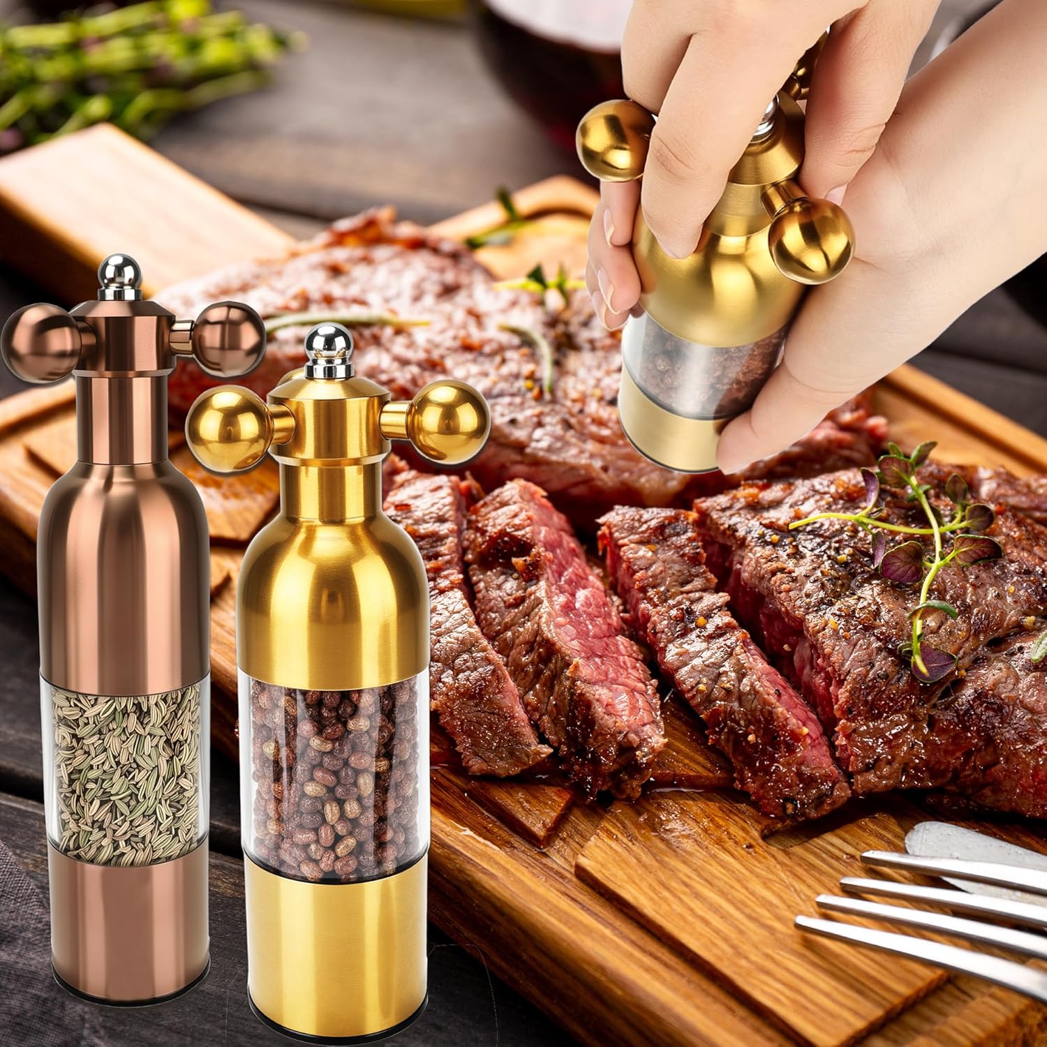 4 Pcs Salt and Pepper Grinder Faucet Stainless Steel Manual Refillable Salt Pepper Mill for Home Kitchen Restaurant Seasonings Barbecue, 2 Sizes, 2 Colors