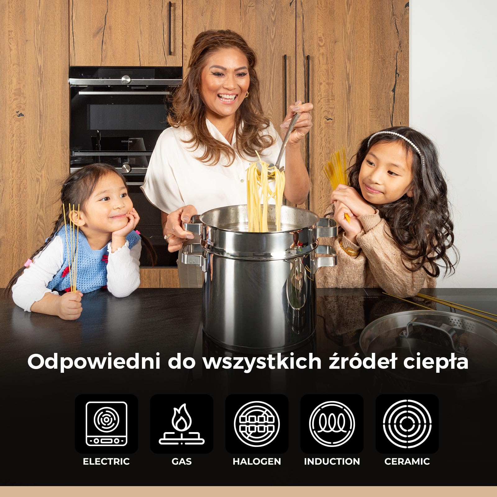 Be Living 3-częściowy garnek do makaronu – Ø 24 cm (7,5 l), duży garnek do gotowania makaronu ze stali nierdzewnej z sitkiem, indukcyjny garnek do spaghetti ze szklaną pokrywką, seria Vita