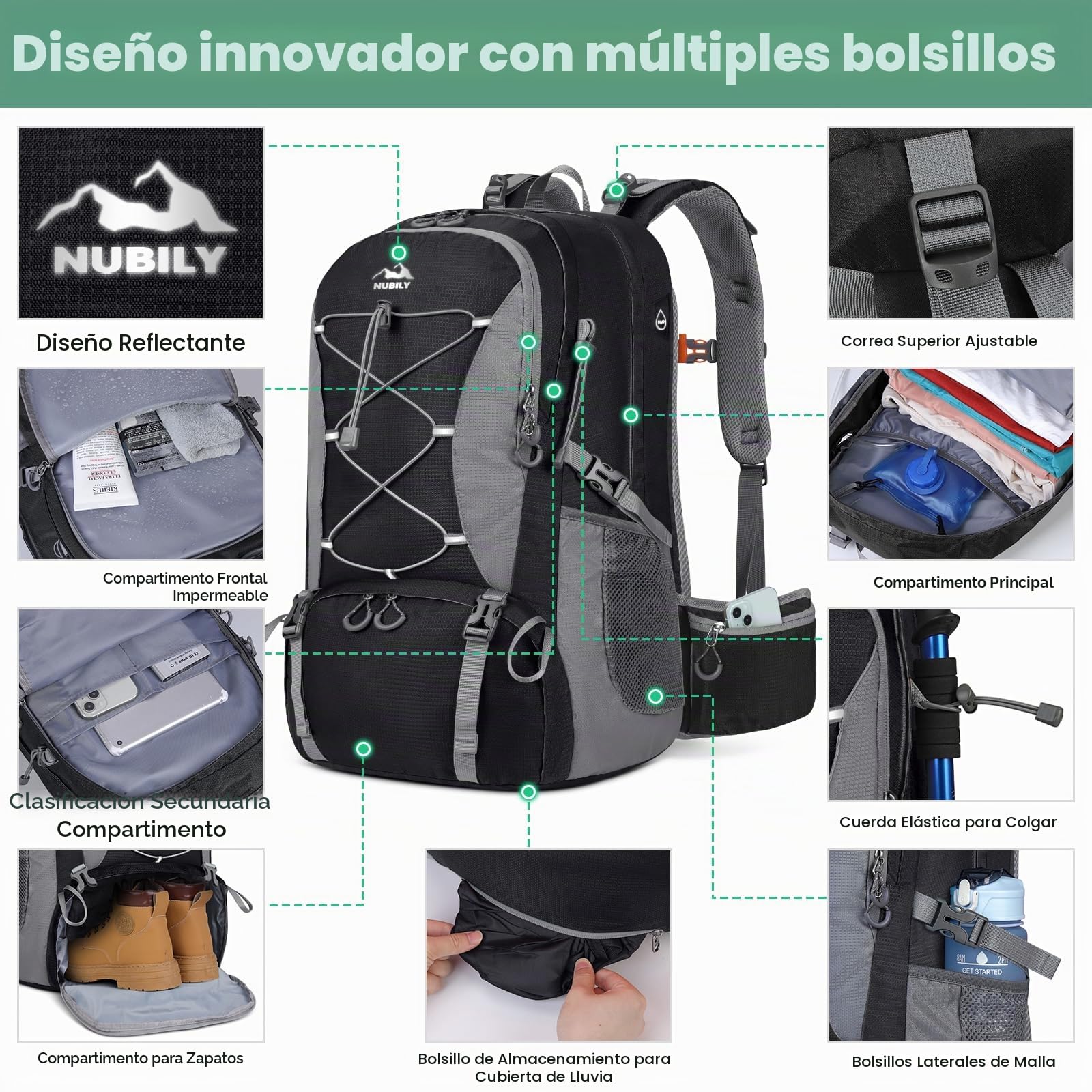 Mochila Senderismo Hombre Impermeable 50L Mochila de Camping Ligera Negro