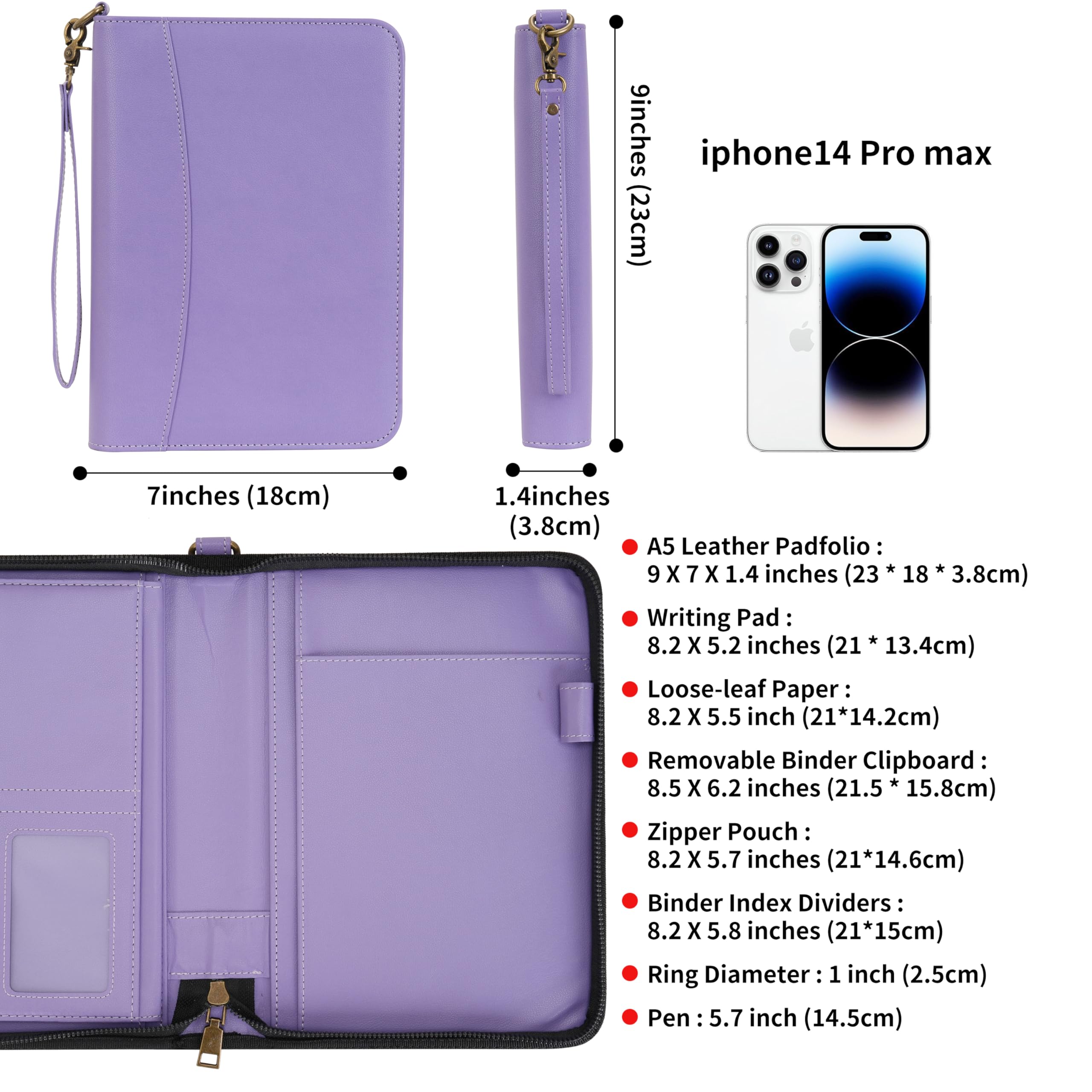 Wason Portefeuilles A5 à Anneaux avec Fermeture Éclair - Carnet de Notes en Cuir PU avec Bloc-Notes Détachable et Rechargeable, Juridique pour Professionnelle, Études et Voyages (Violet)