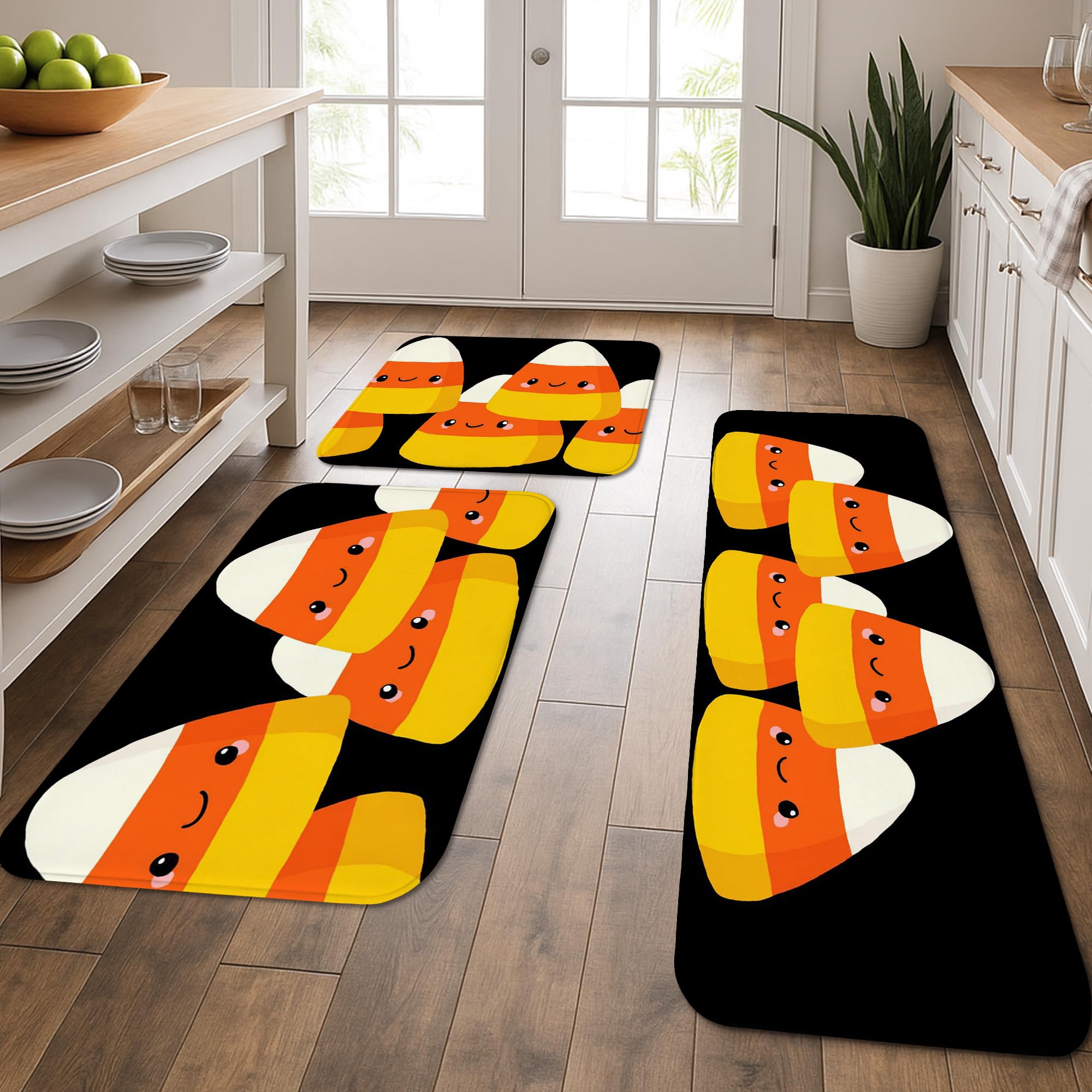 Cute Candy Corn Kitchen Mats for Floor, Fun Halloween Cushioned Comfort Washable Non Slip Rugs for Kitchen Sinks Laundry Room Bathroom 3Pcs