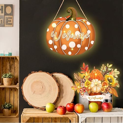 Miniatura 5 de Amyhill 2 letreros iluminados de bienvenida de otoño para puerta delantera, LED, madera, calabaza, hoja de arce, decoración para colgar en Acción de